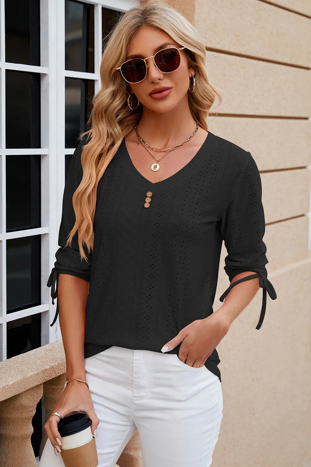 Eyelet Drawstring V-Neck Half Sleeve T-Shirt – Trendsi | ClozArt