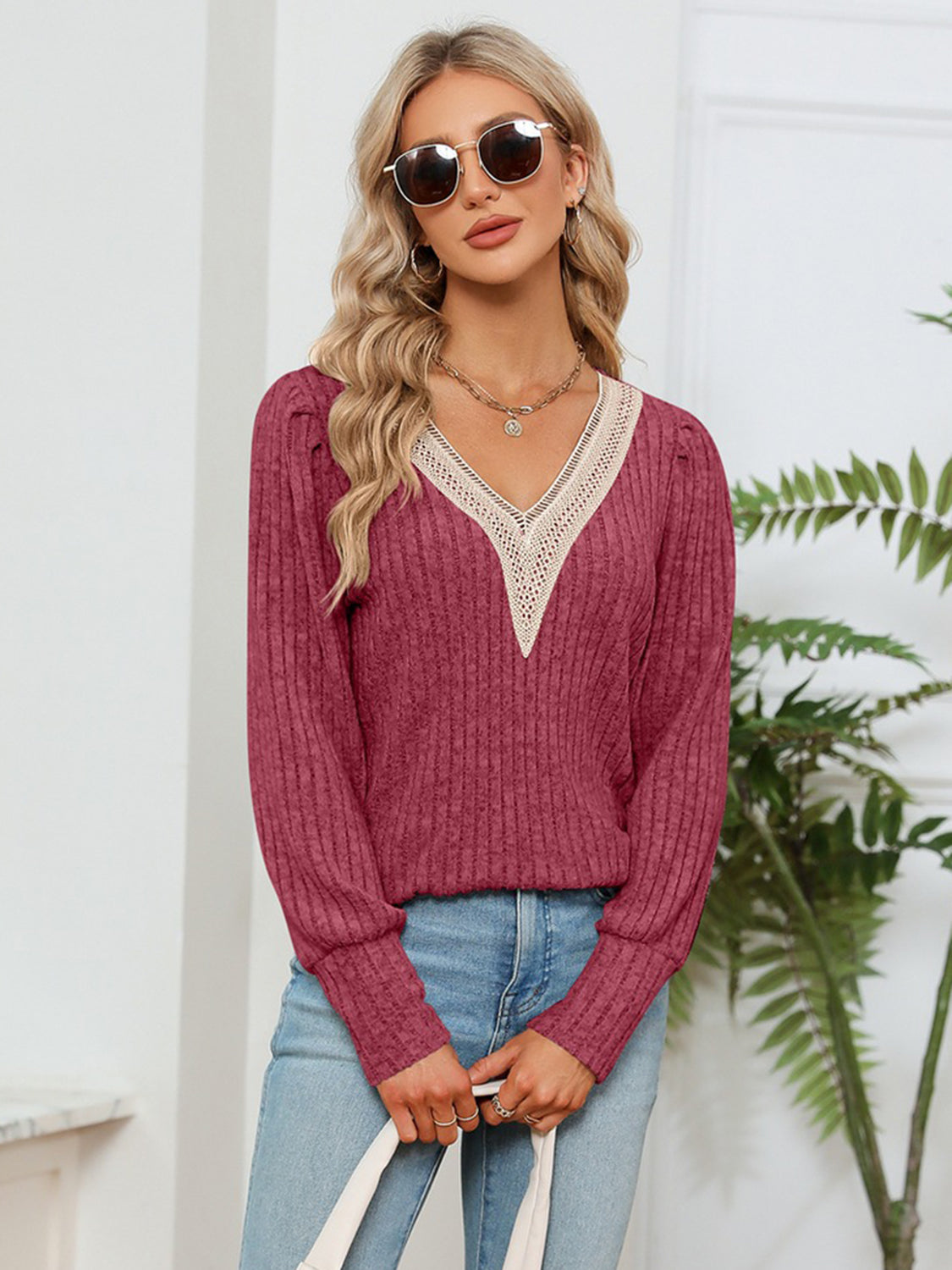 Lace Detail V-Neck Ribbed Blouse – Trendsi | ClozArt