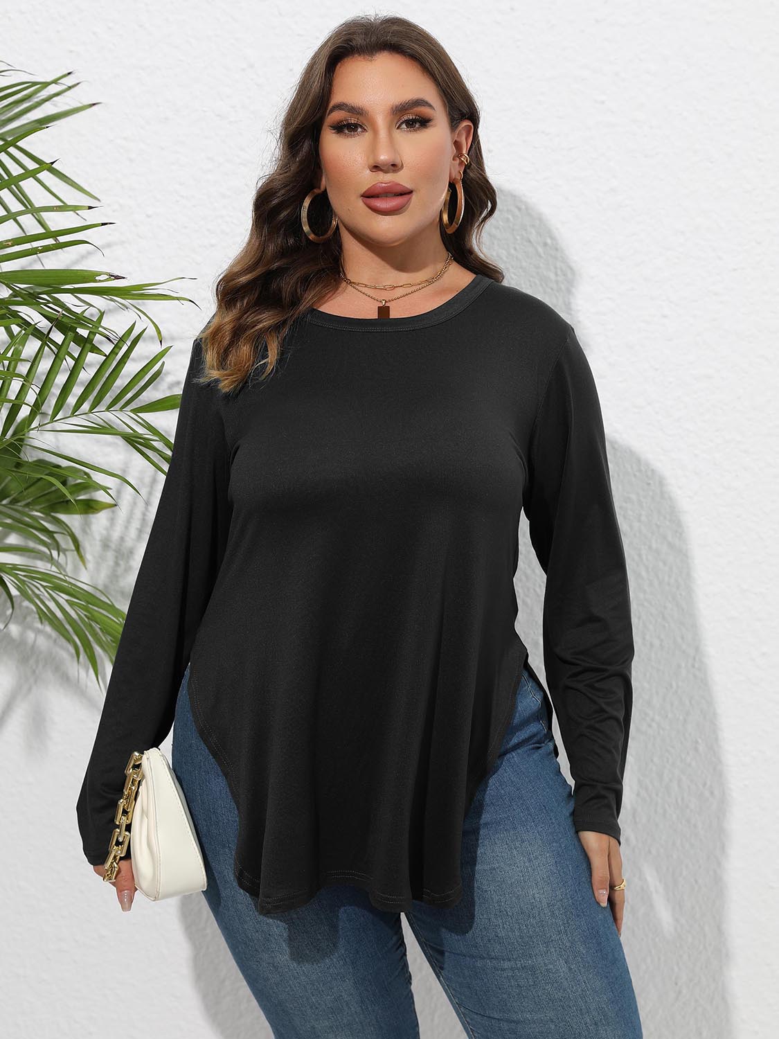 Plus Size Round Neck Long Sleeve Slit T-Shirt – Trendsi | ClozArt