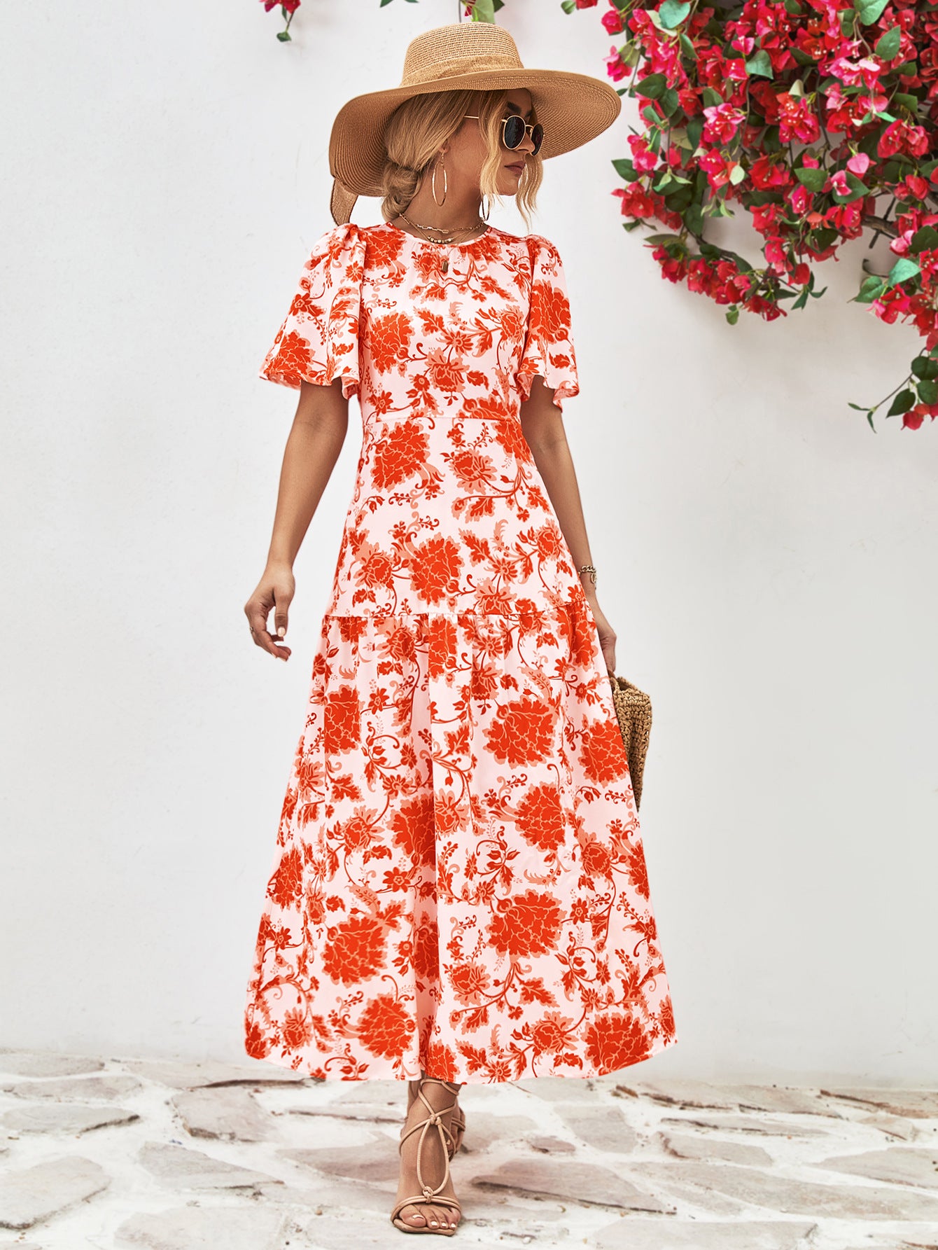Floral Round Neck Tied Open Back Dress – Trendsi | ClozArt