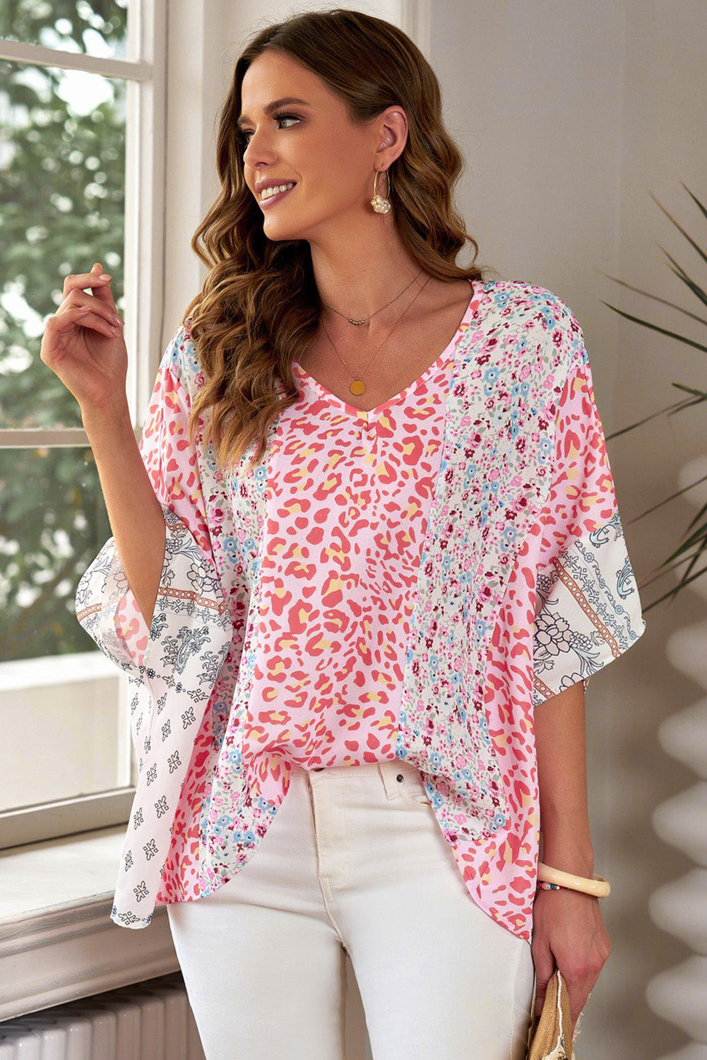 Mixed Print V-Neck Blouse – Trendsi | ClozArt