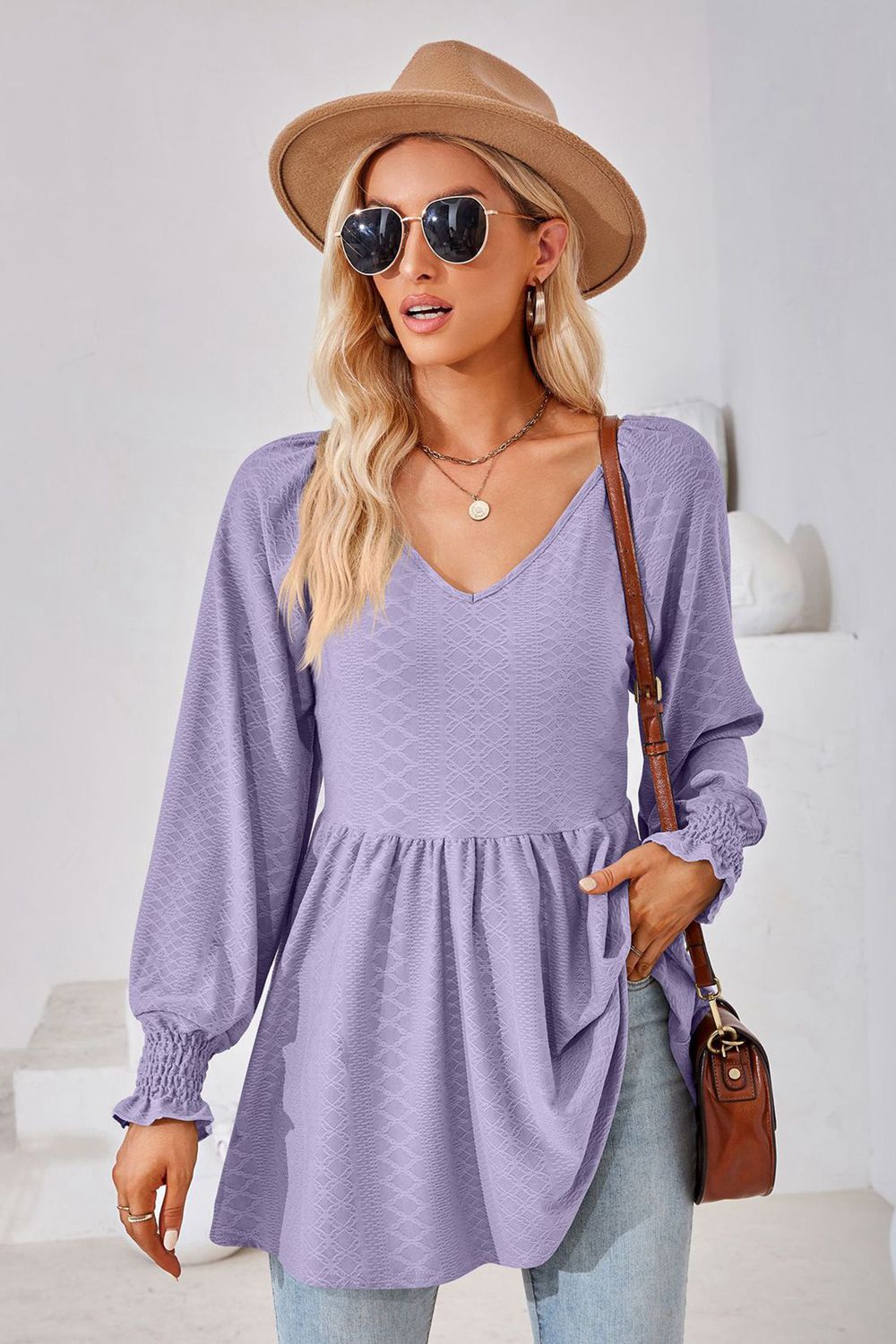V-Neck Lantern Sleeve Blouse – Trendsi | ClozArt
