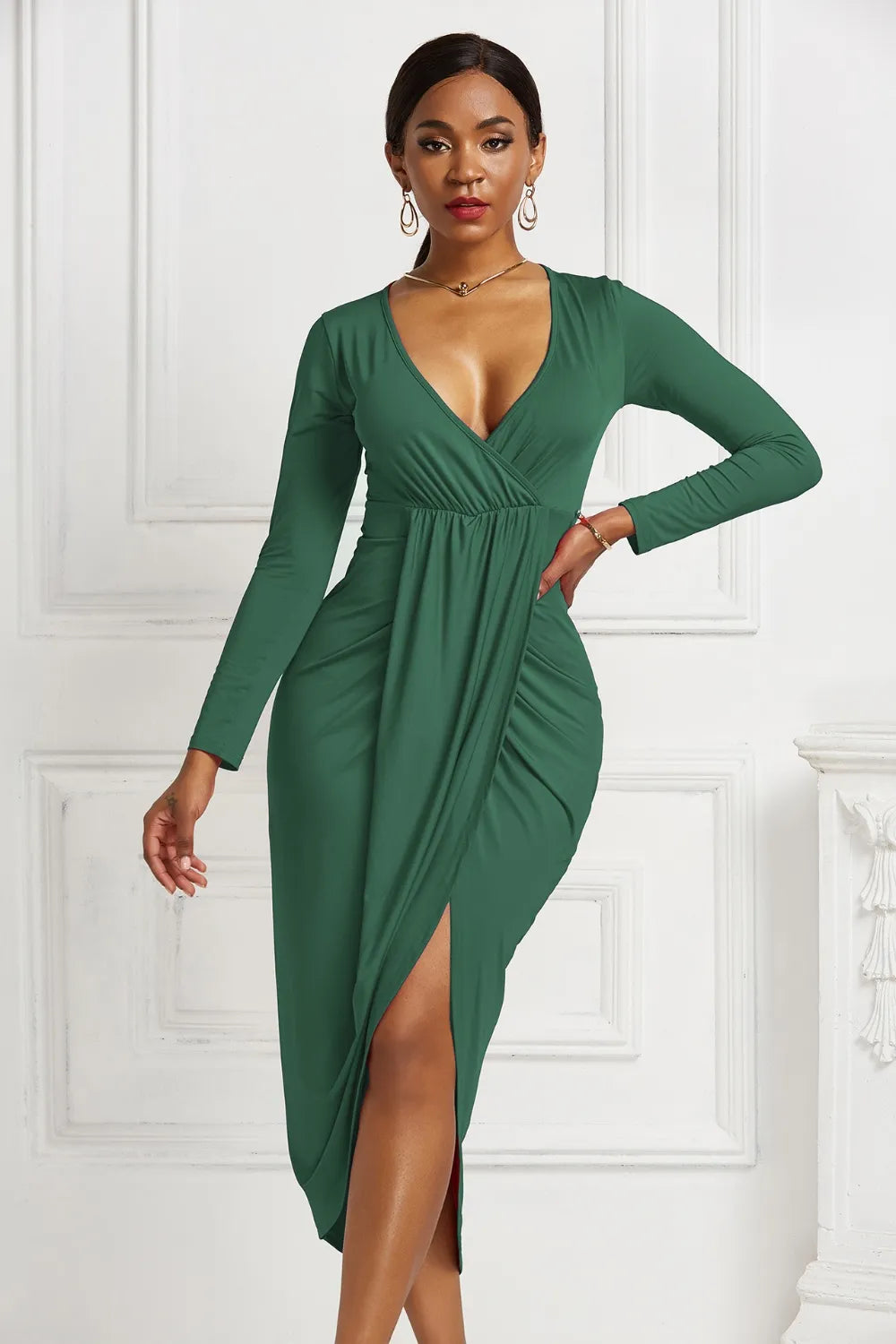 High-low Ruched Surplice Long Sleeve Dress – Trendsi | ClozArt