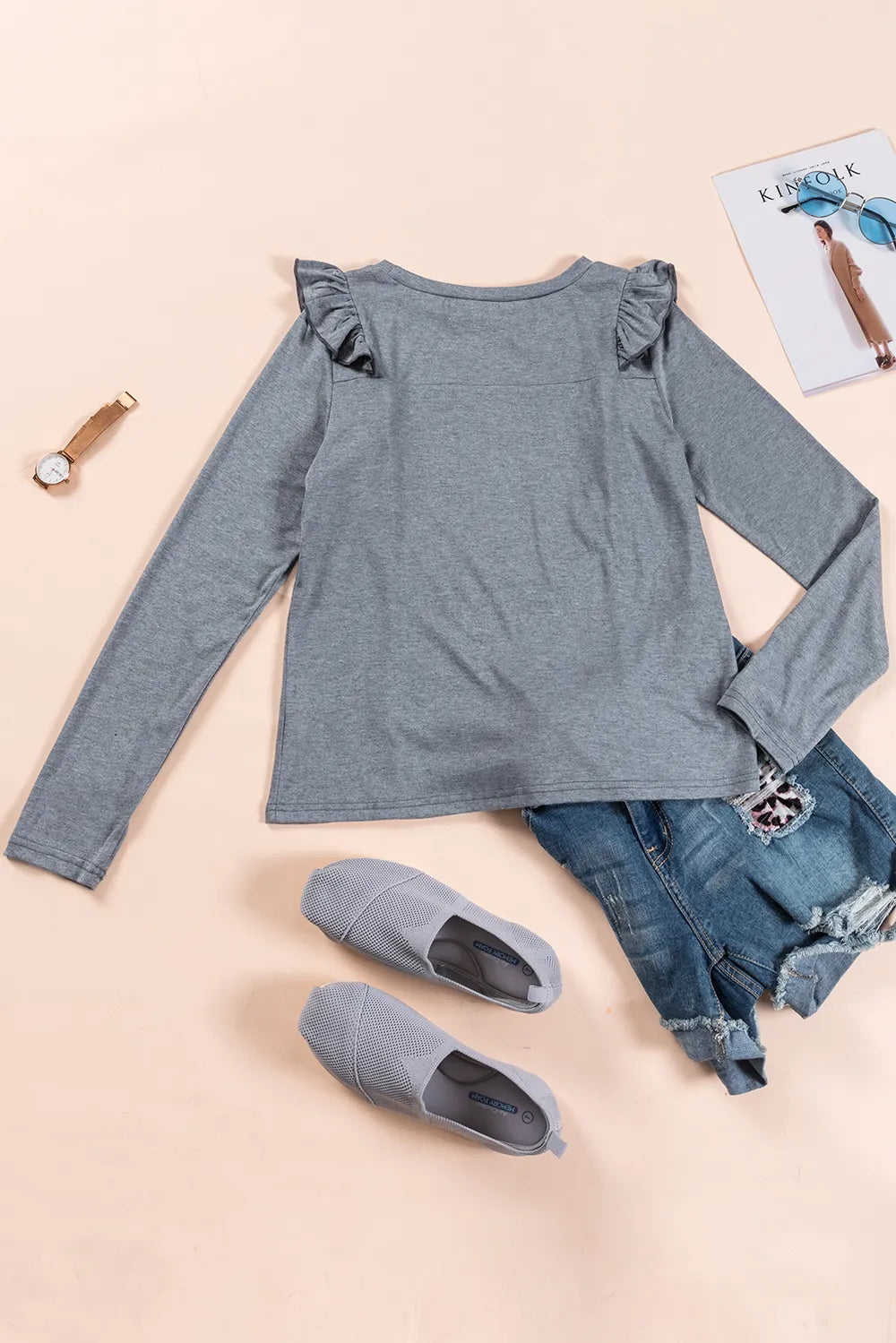 Ruffled Round Neck Long Sleeve T-Shirt – Trendsi | ClozArt