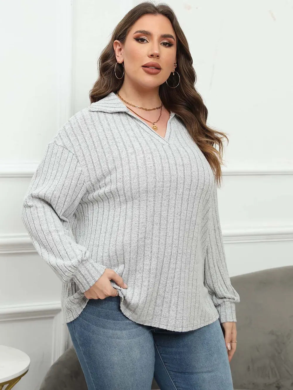 Plus Size Ribbed Collared Neck Long Sleeve Blouse – Trendsi | ClozArt