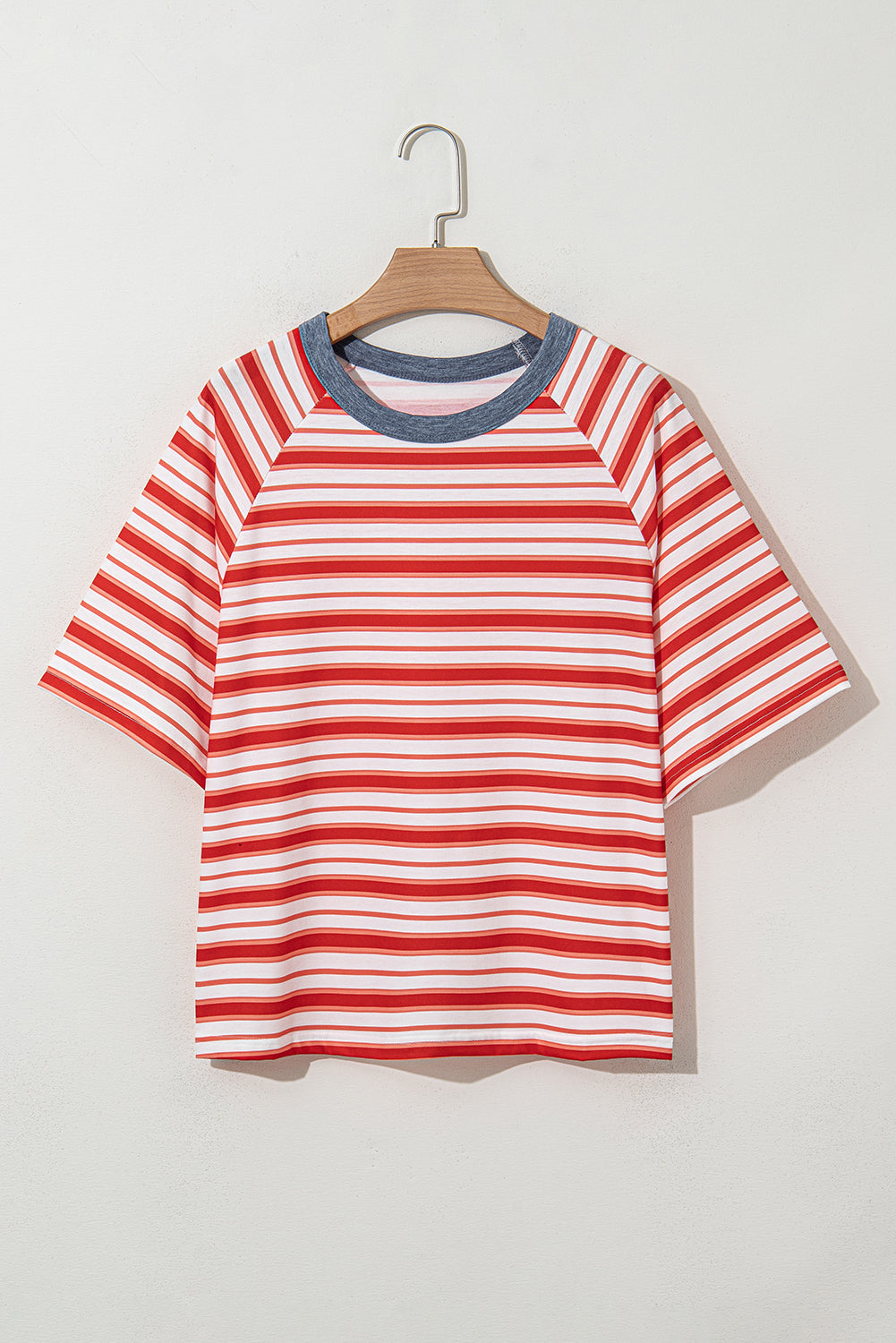 Tomato Red Striped Raglan Sleeve Contrast Neck T-Shirt – Shewin | ClozArt