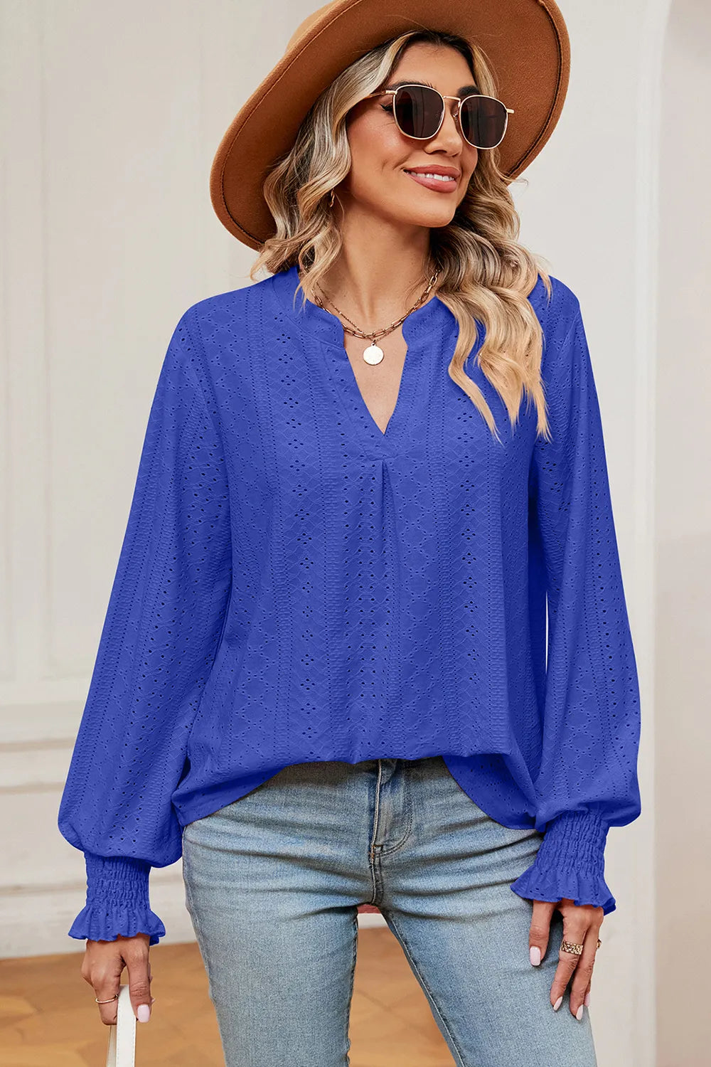 Eyelet Notched Long Sleeve T-Shirt – Trendsi | ClozArt