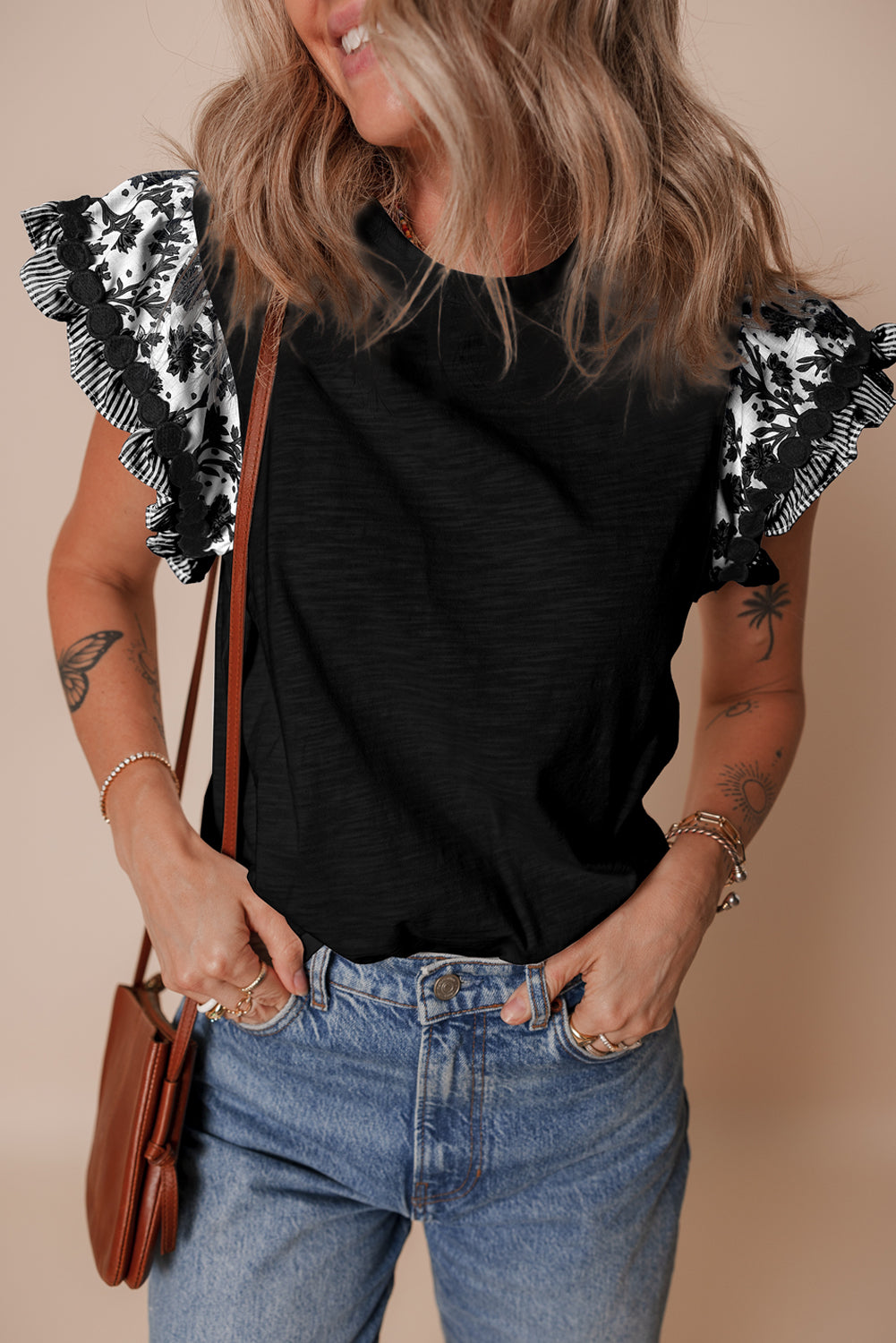 Rose Floral Striped Patchwork Flutter Sleeve Blouse – Shewin | ClozArt