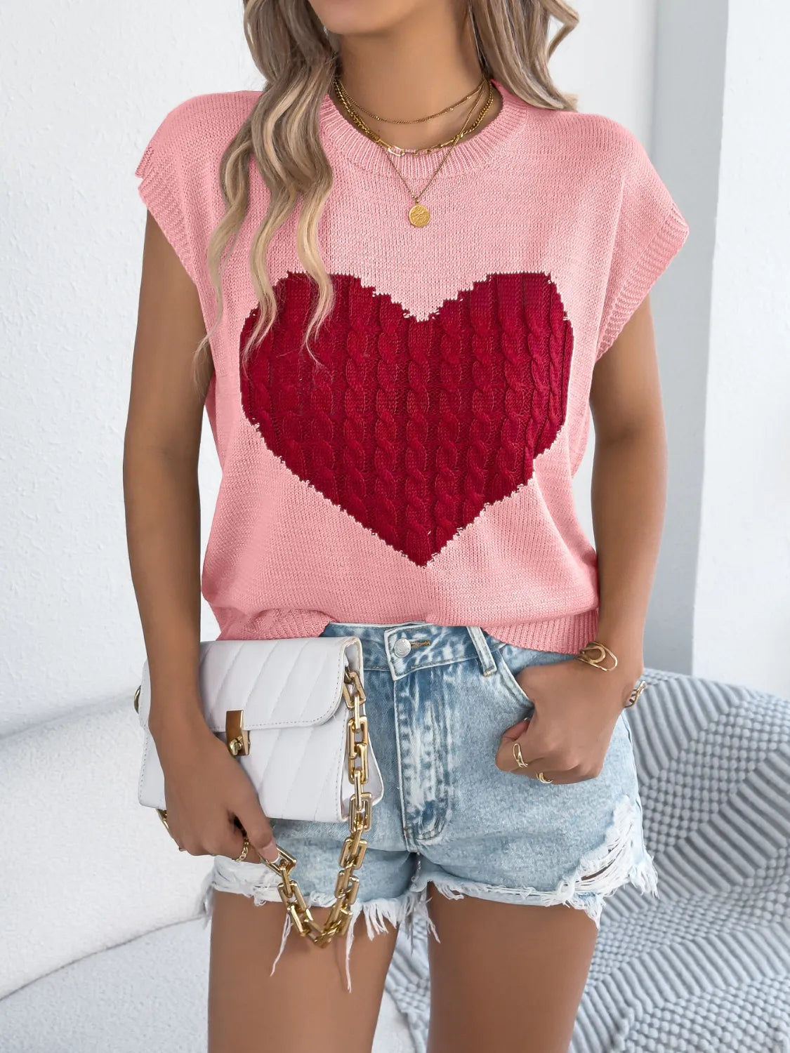 Cable Knit Heart Round Neck Cap Sleeve Knit Top – Trendsi | ClozArt