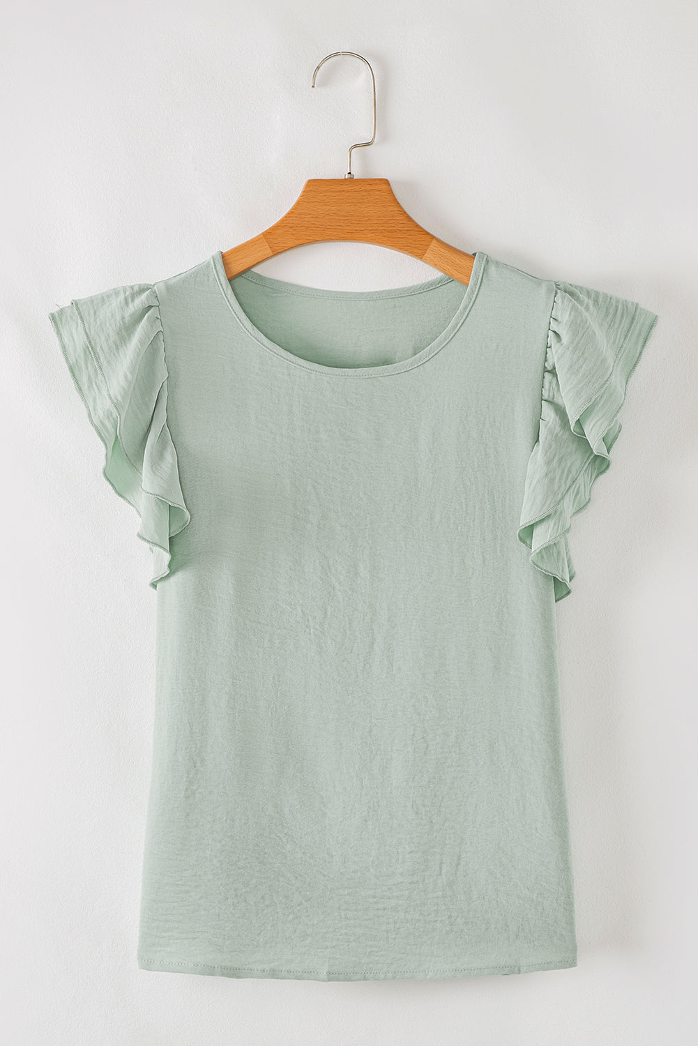 Mist Blue Solid Color Ruffle Sleeve Crinkled Blouse – Shewin | ClozArt