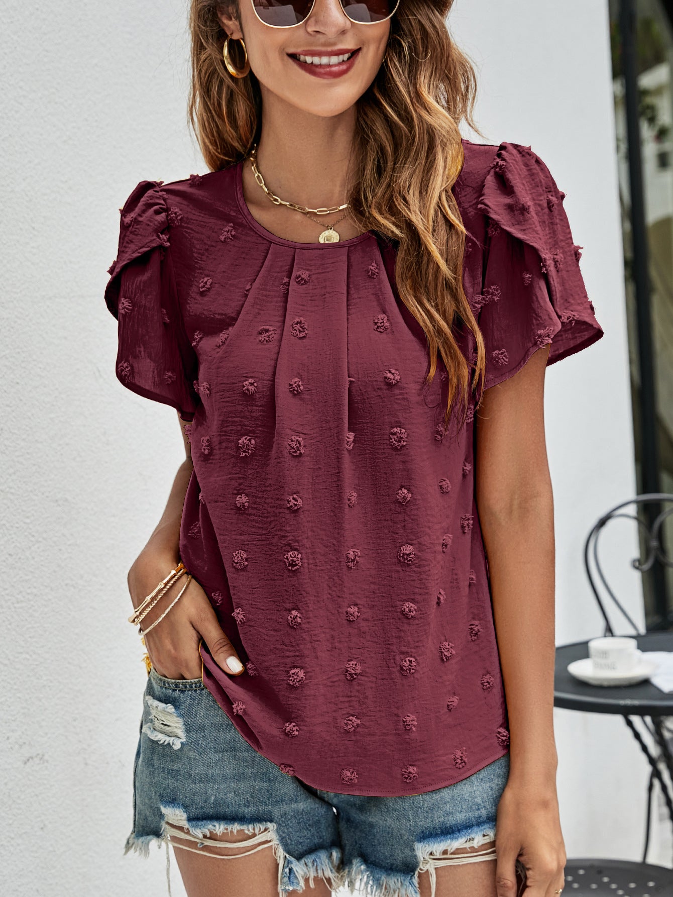 Swiss Dot Round Neck Petal Sleeve Top – Trendsi | ClozArt