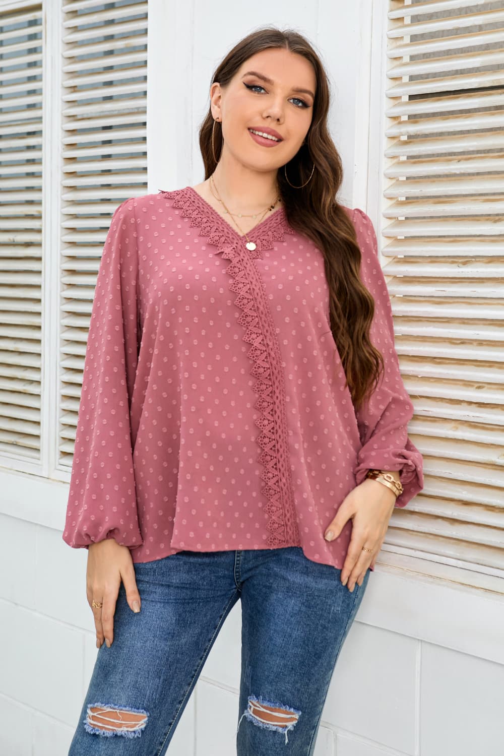 Honey Melo Apparel Plus Size Lace Trim V-Neck Balloon Sleeve Blouse – Trendsi | ClozArt