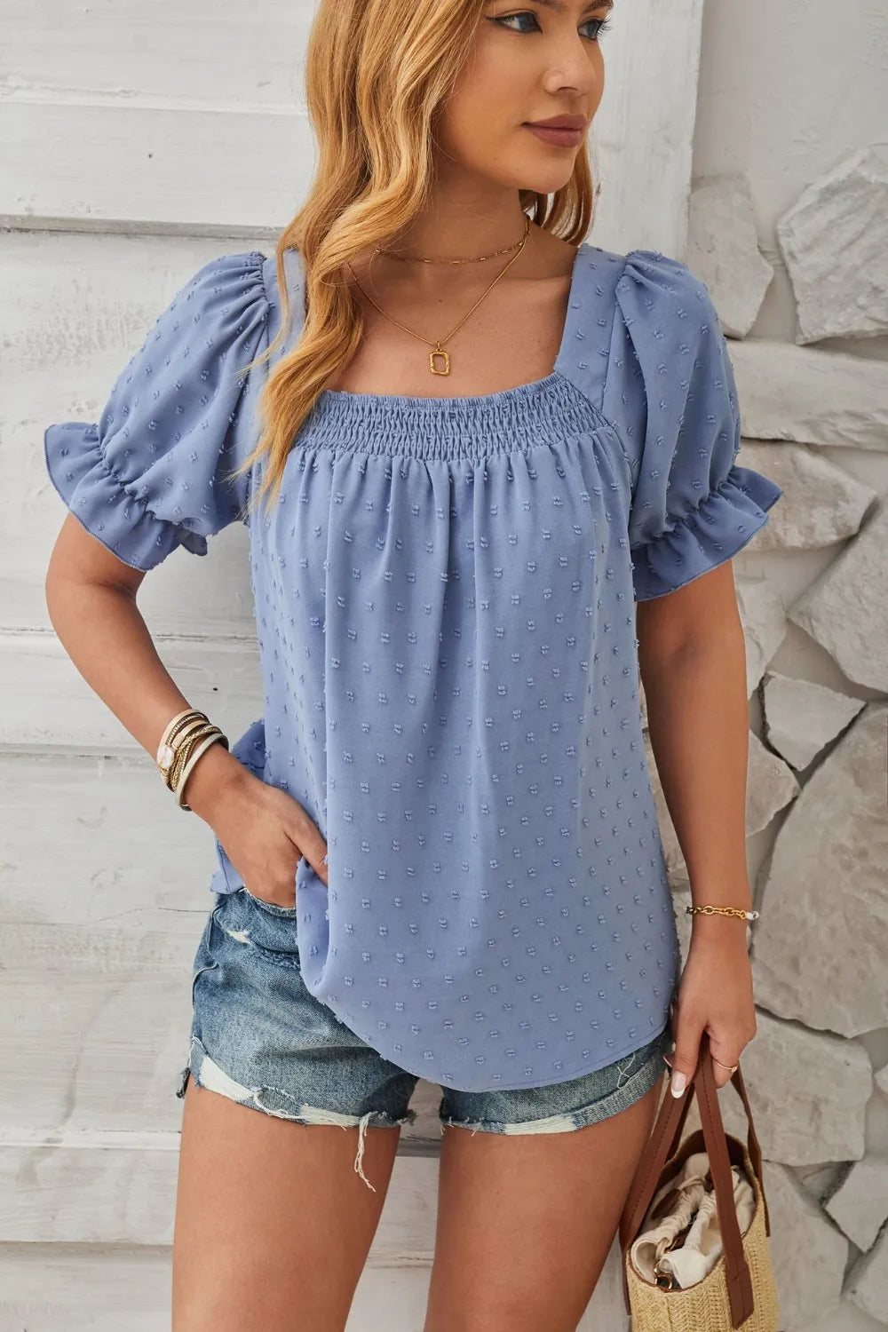 Swiss Dot Smocked Square Neck Short Sleeve T-Shirt – Trendsi | ClozArt