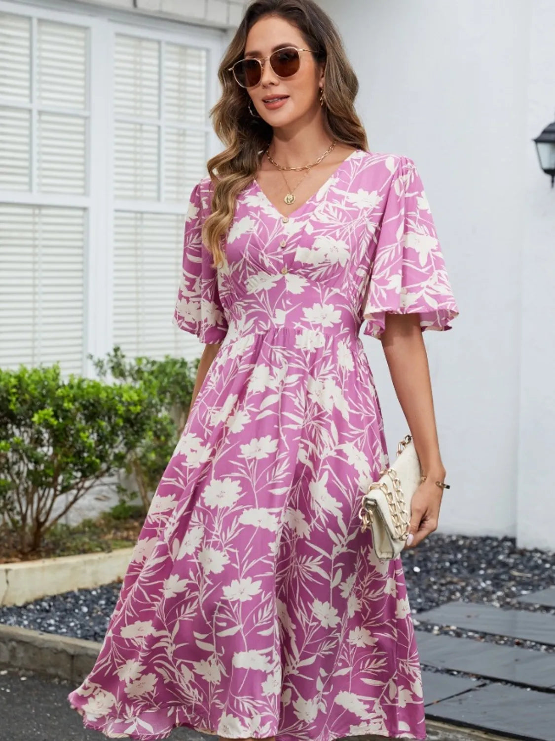 Printed V-Neck Flutter Sleeve Dress – Trendsi | ClozArt