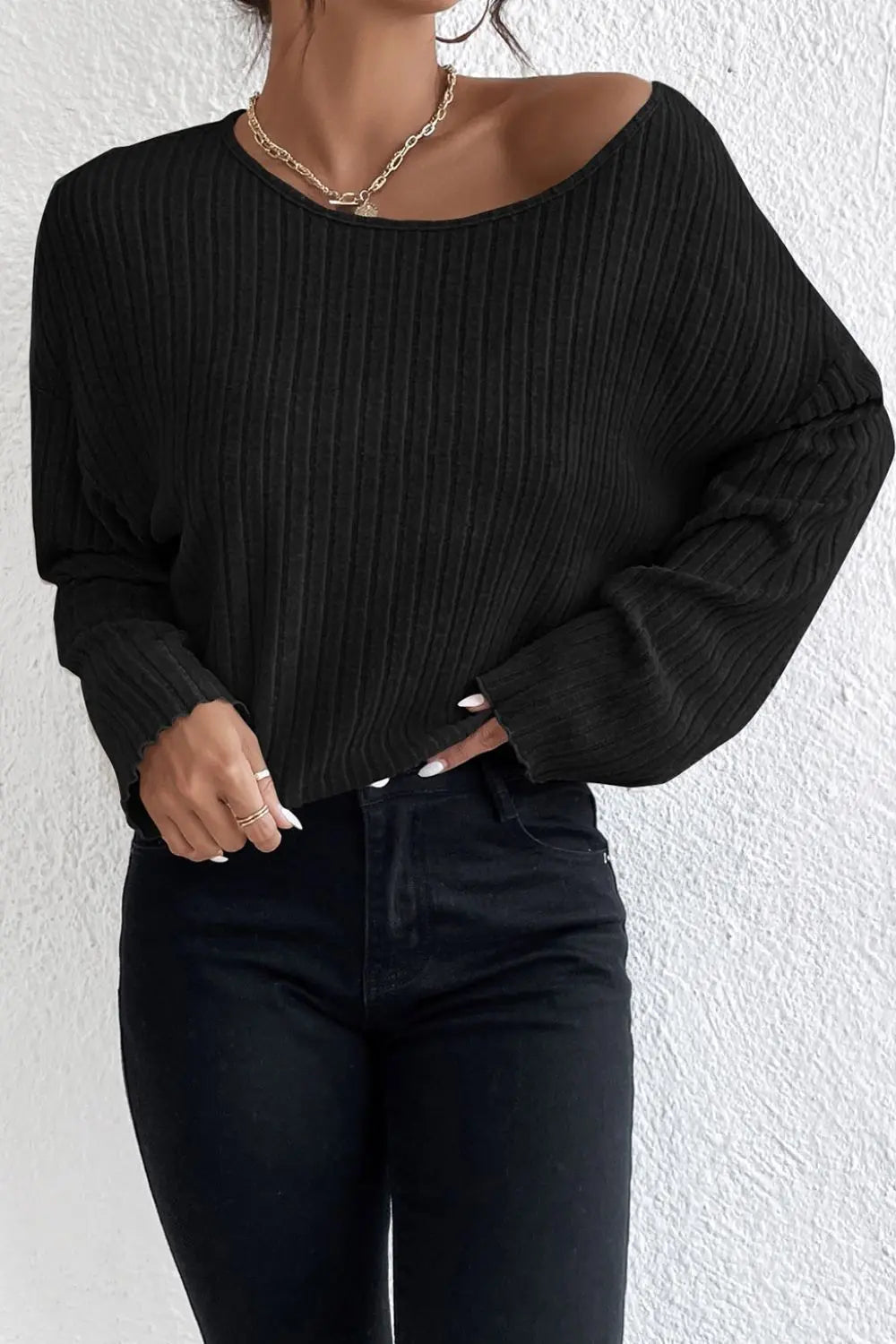 Ribbed Round Neck Drop Shoulder Long Sleeve Top – Trendsi | ClozArt