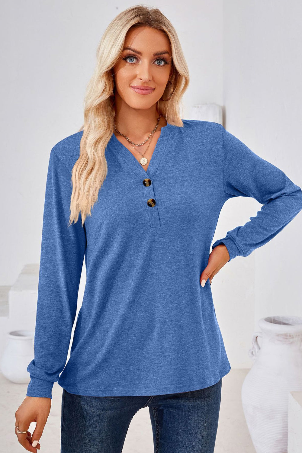 V-Neck Buttoned Long Sleeve Blouse – Trendsi | ClozArt