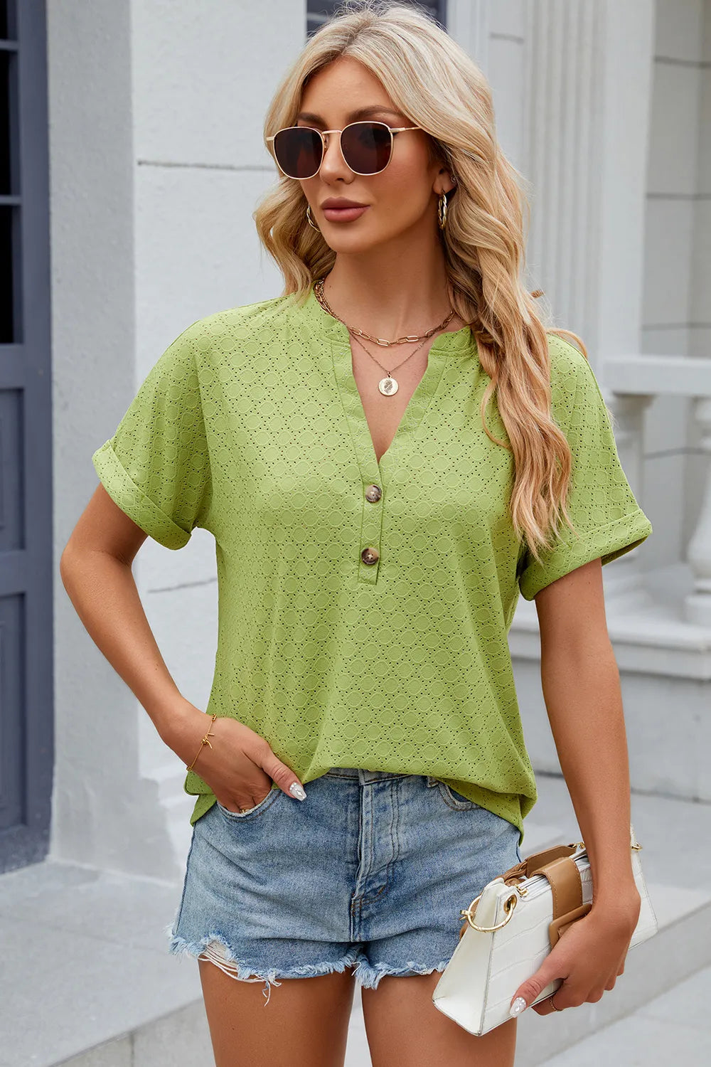 Eyelet Notched Short Sleeve T-Shirt – Trendsi | ClozArt