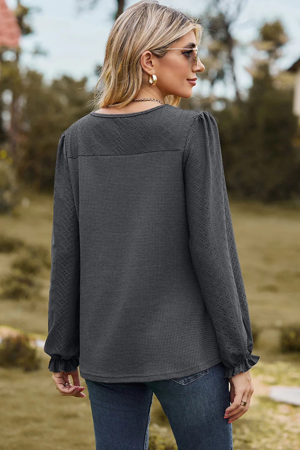 Eyelet Round Neck Flounce Sleeve T-Shirt – Trendsi | ClozArt