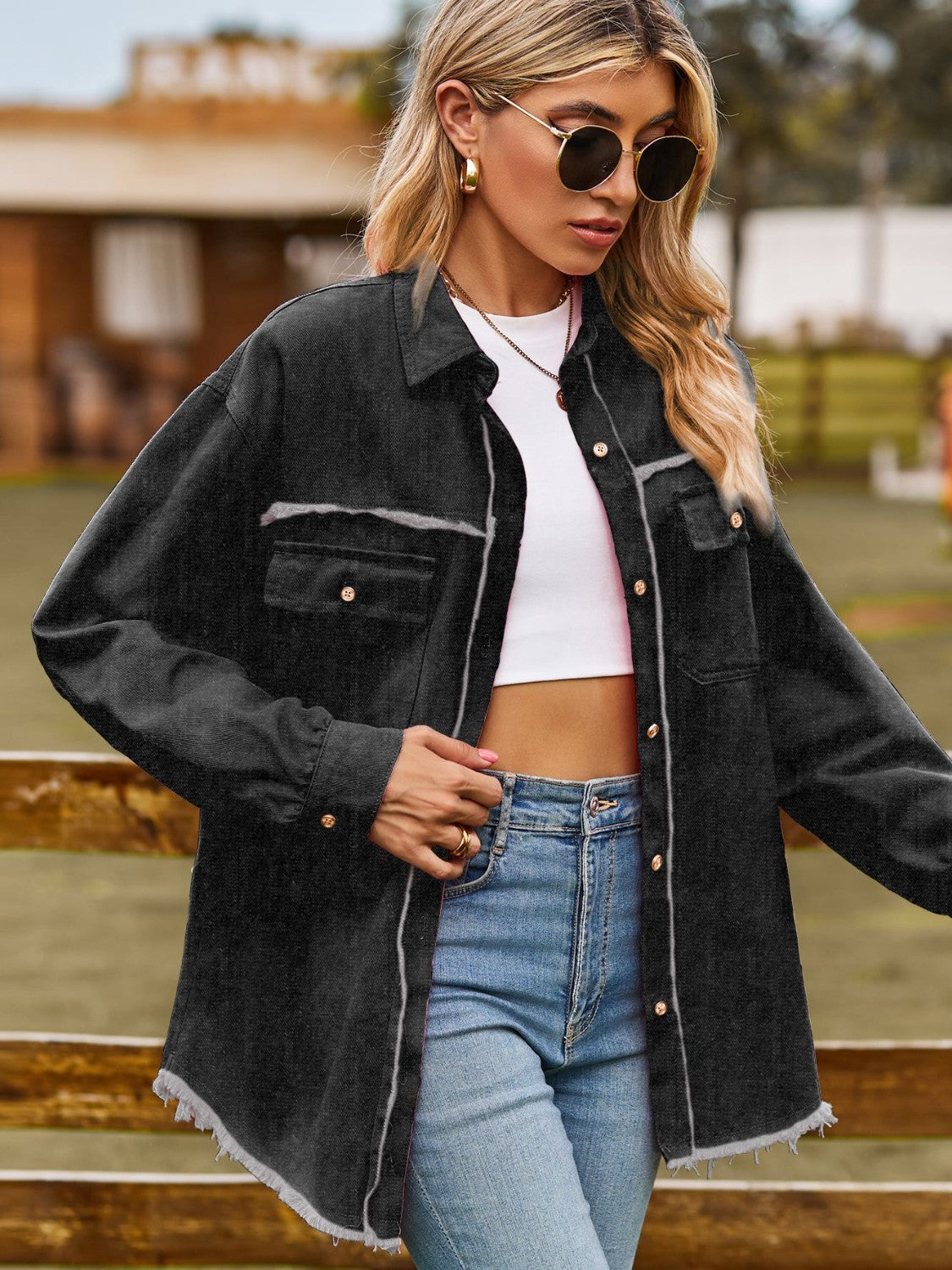 Button Up Collared Neck Raw Hem Denim Top – Trendsi | ClozArt