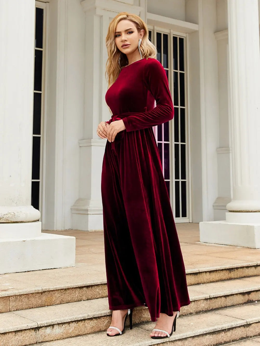 Tie Front Round Neck Long Sleeve Maxi Dress – Trendsi | ClozArt