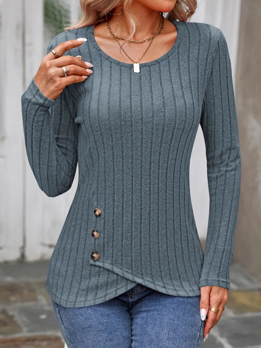 Decorative Button Round Neck Long Sleeve T-Shirt – Trendsi | ClozArt