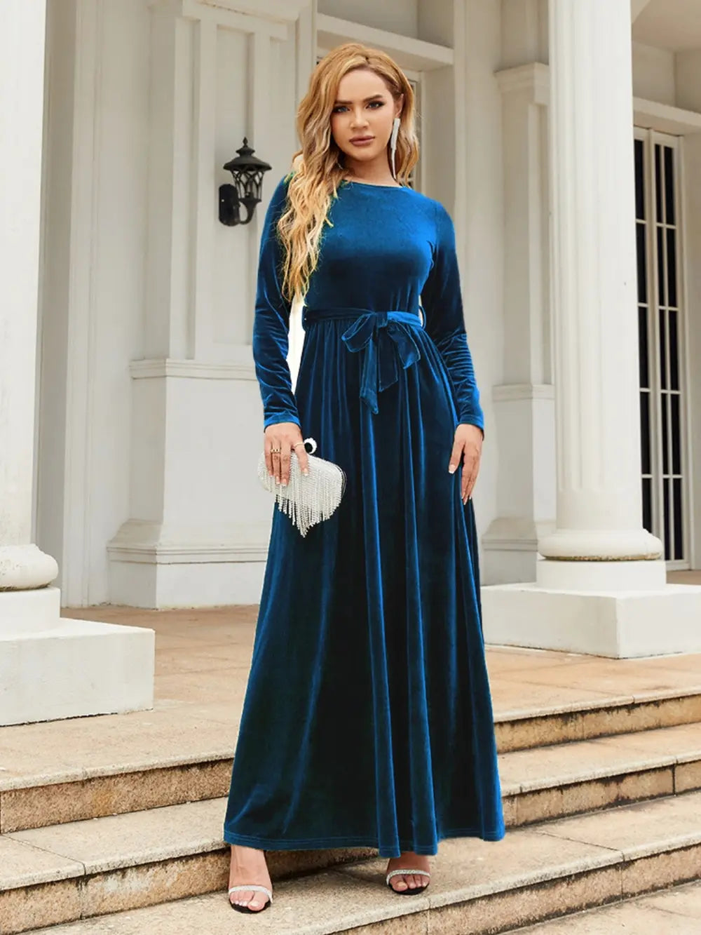 Tie Front Round Neck Long Sleeve Maxi Dress – Trendsi | ClozArt