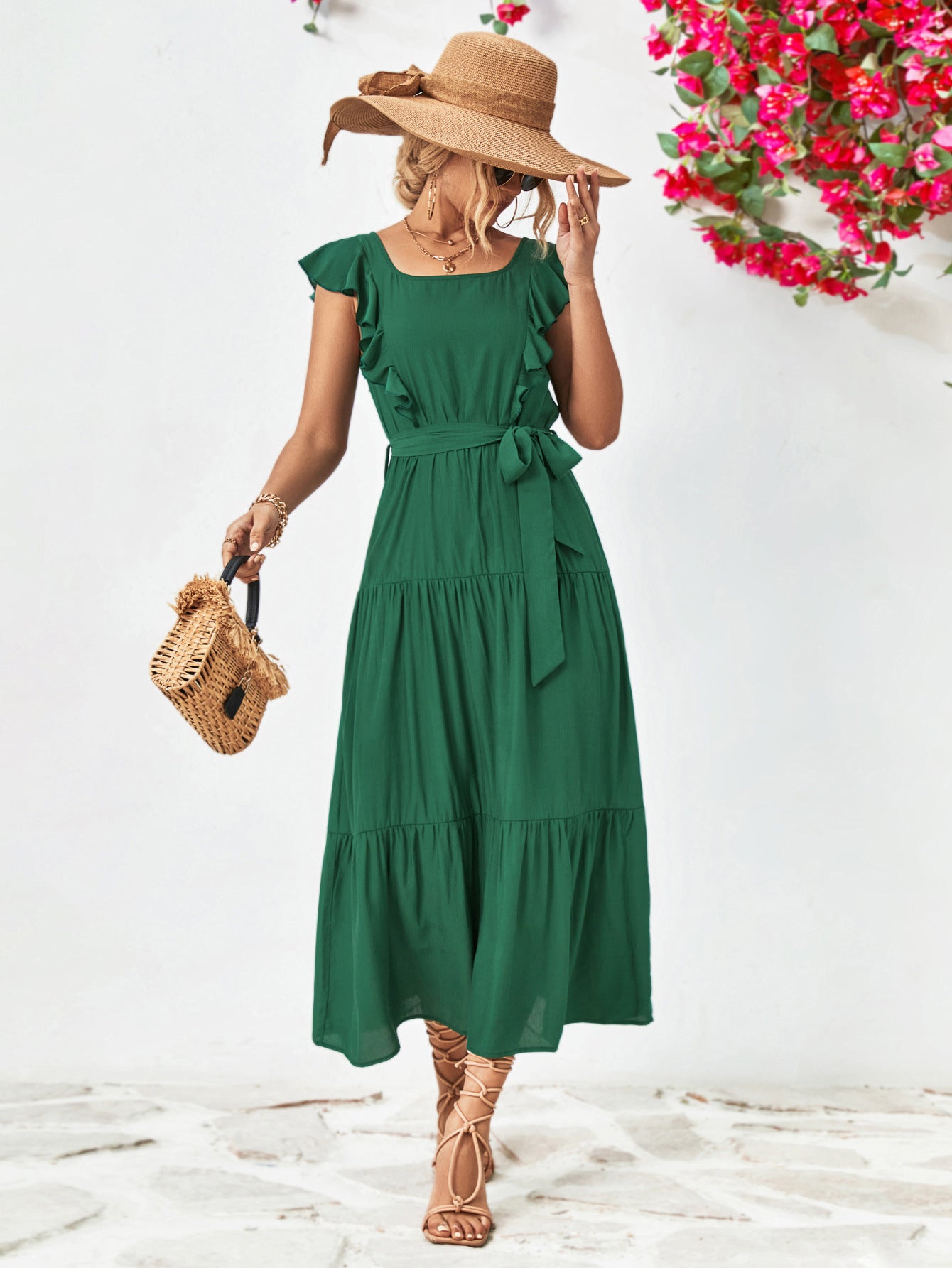 Tie Belt Ruffled Tiered Dress – Trendsi | ClozArt