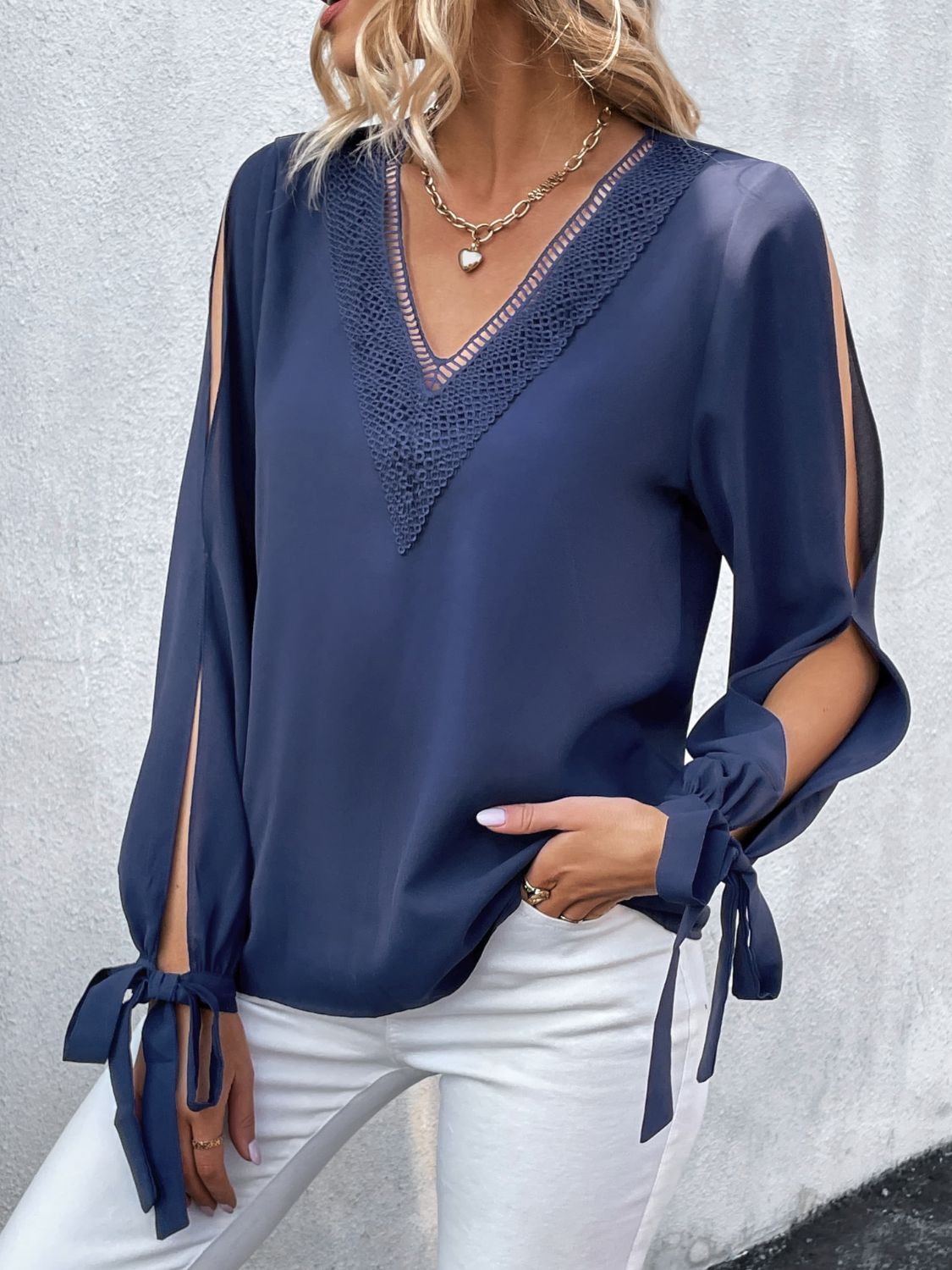 Perfee V-Neck Tie Cuff Slit Blouse – Trendsi | ClozArt