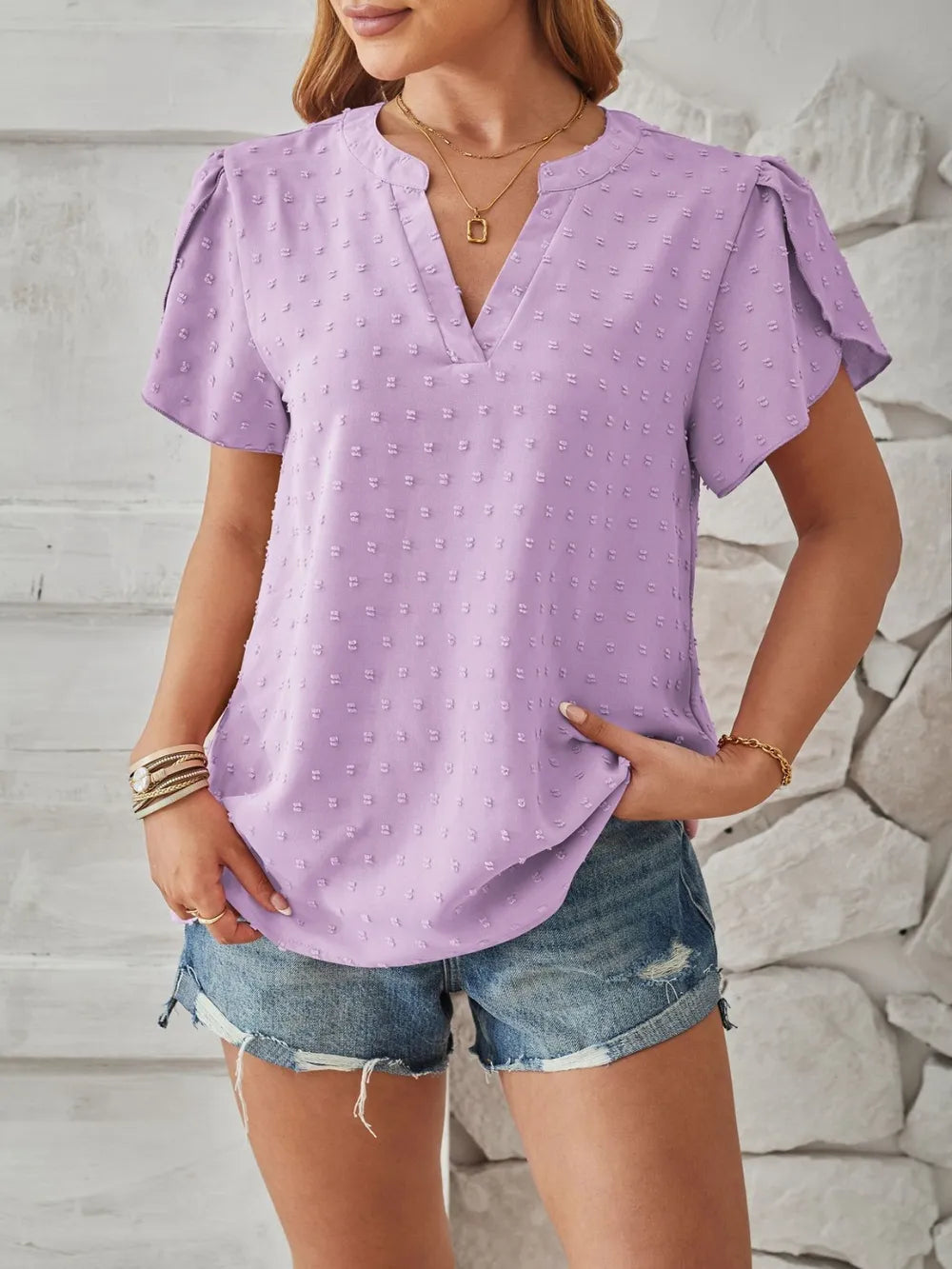 Swiss Dot Notched Petal Sleeve T-Shirt – Trendsi | ClozArt