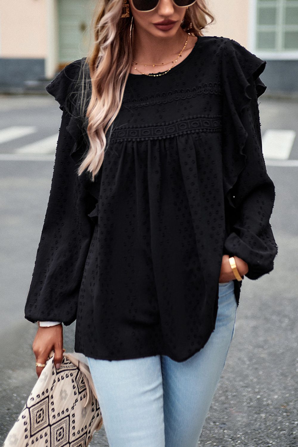 Devine Ruffle Trim Balloon Sleeve Blouse – Trendsi | ClozArt