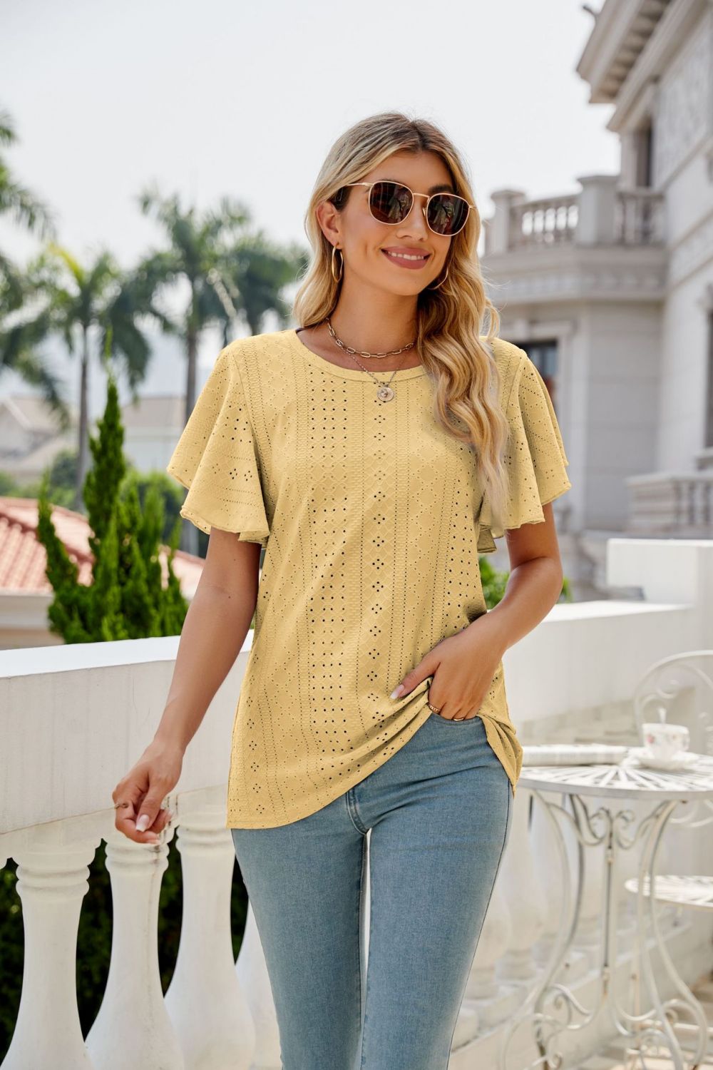 Eyelet Flutter Sleeve Round Neck Top – Trendsi | ClozArt