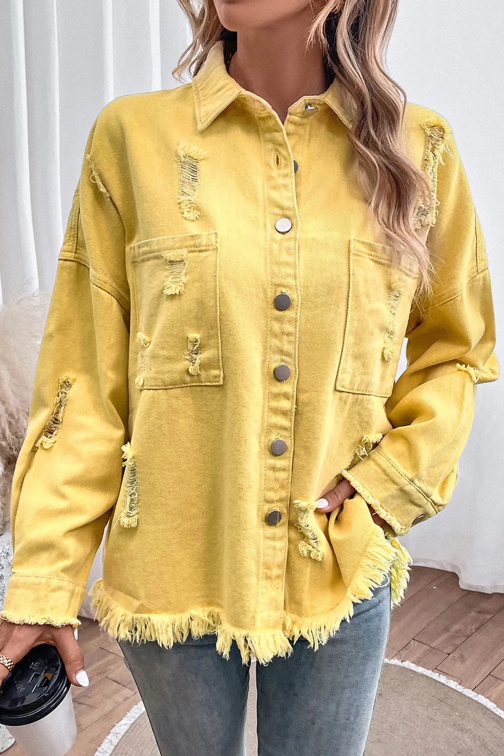 Distressed Button Up Raw Hem Denim Jacket – Trendsi | ClozArt
