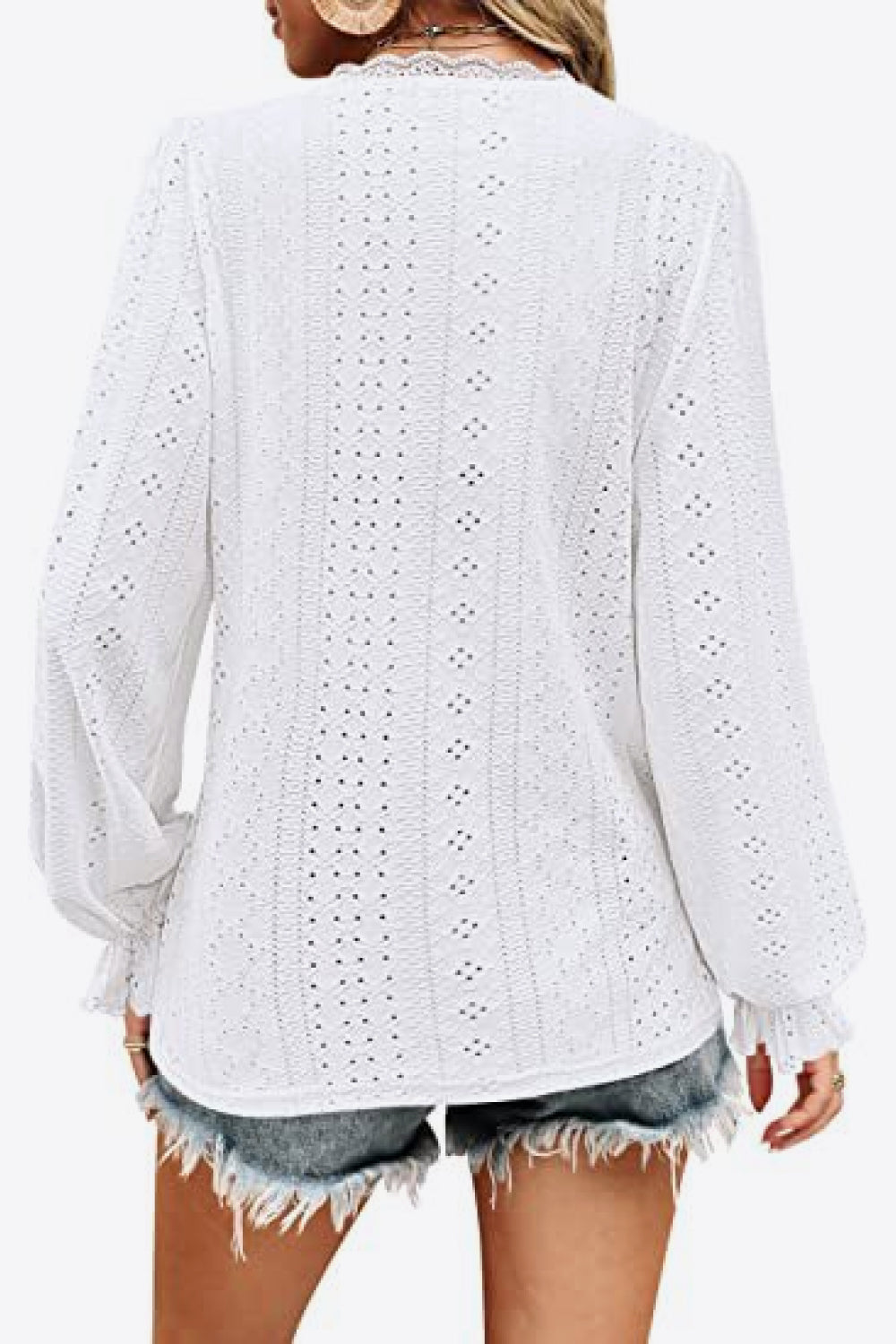 Eyelet V-Neck Flounce Sleeve Blouse – Trendsi | ClozArt