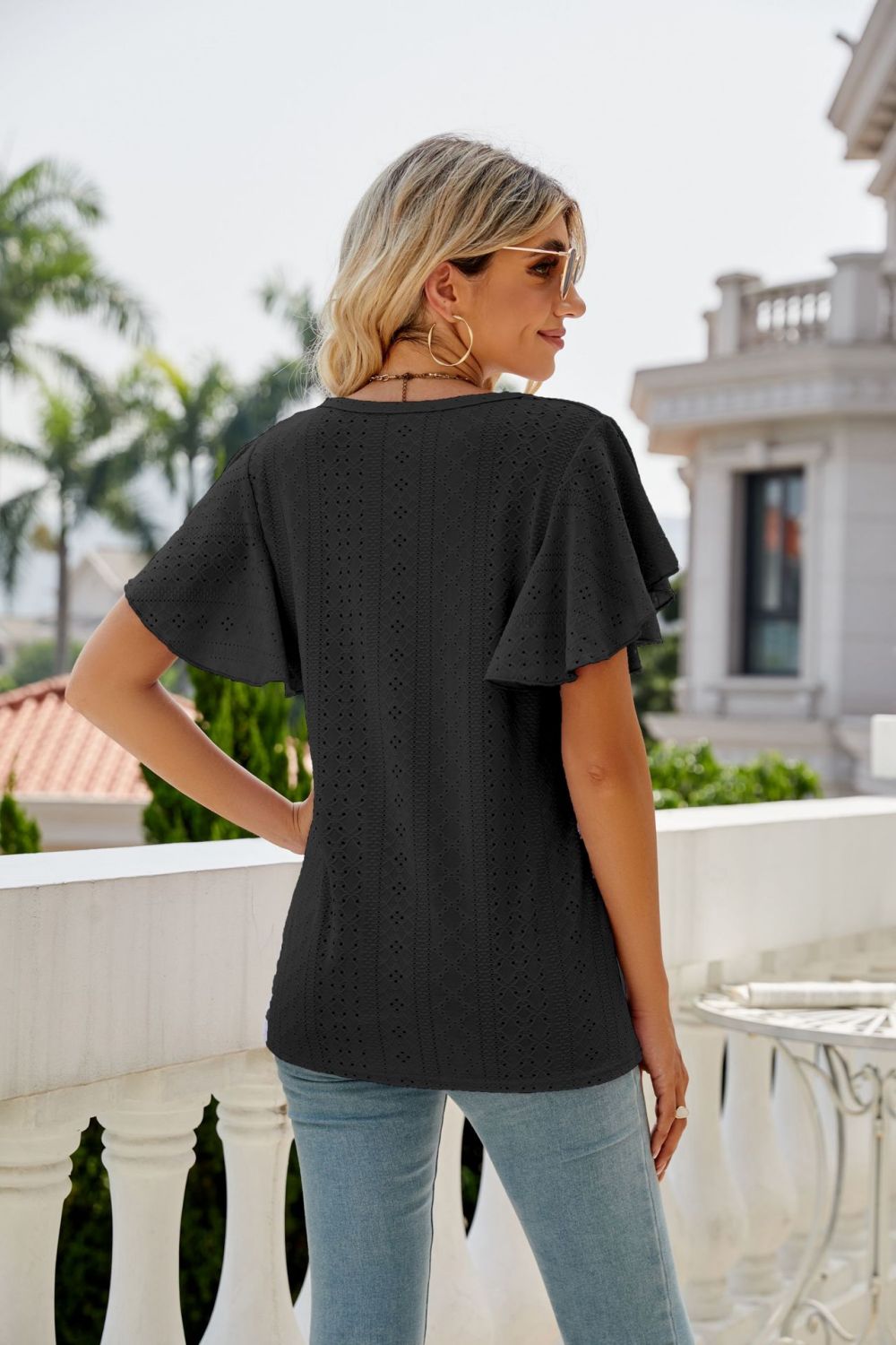 Eyelet Flutter Sleeve Round Neck Top – Trendsi | ClozArt