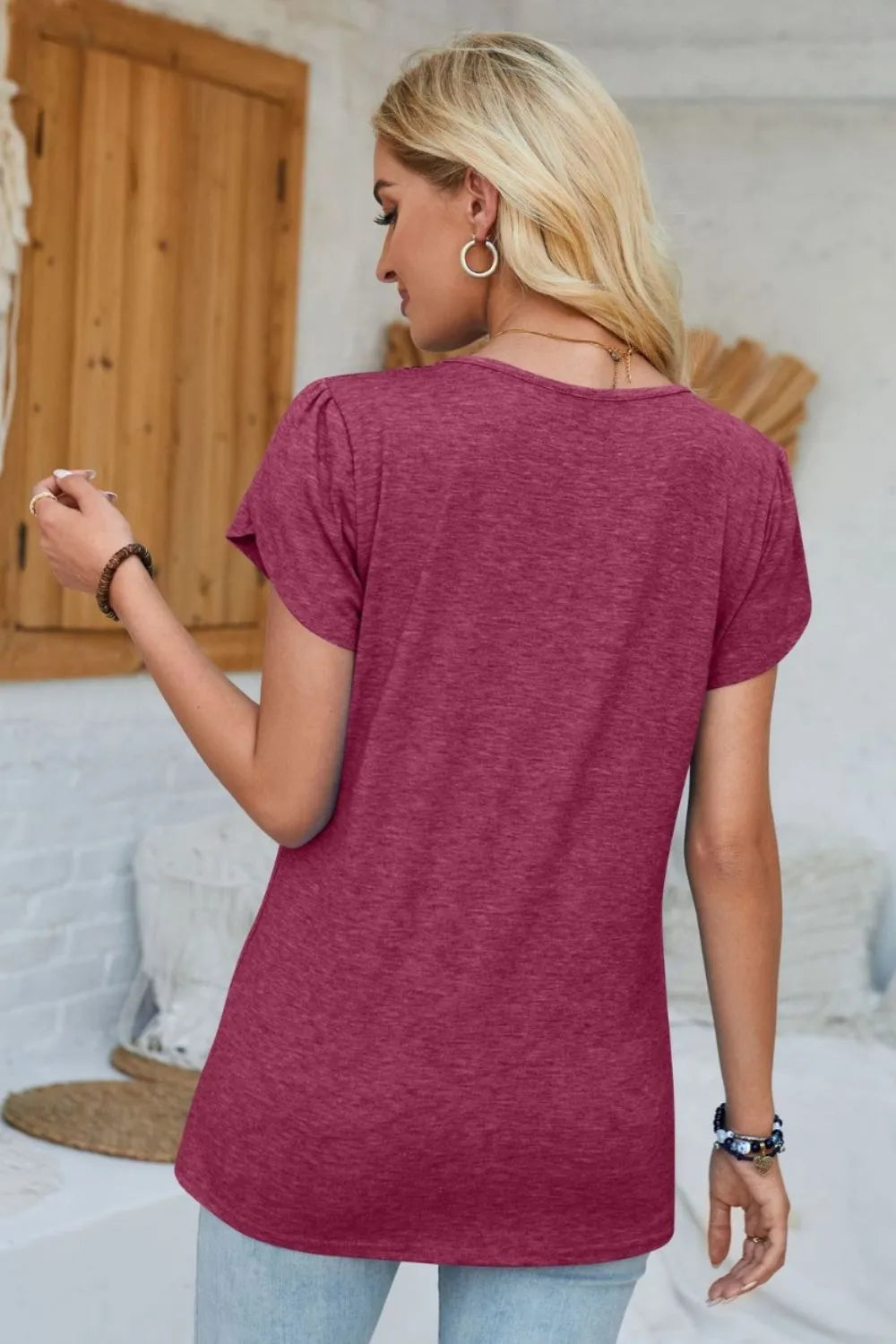 V-Neck Petal Sleeve T-Shirt – Trendsi | ClozArt