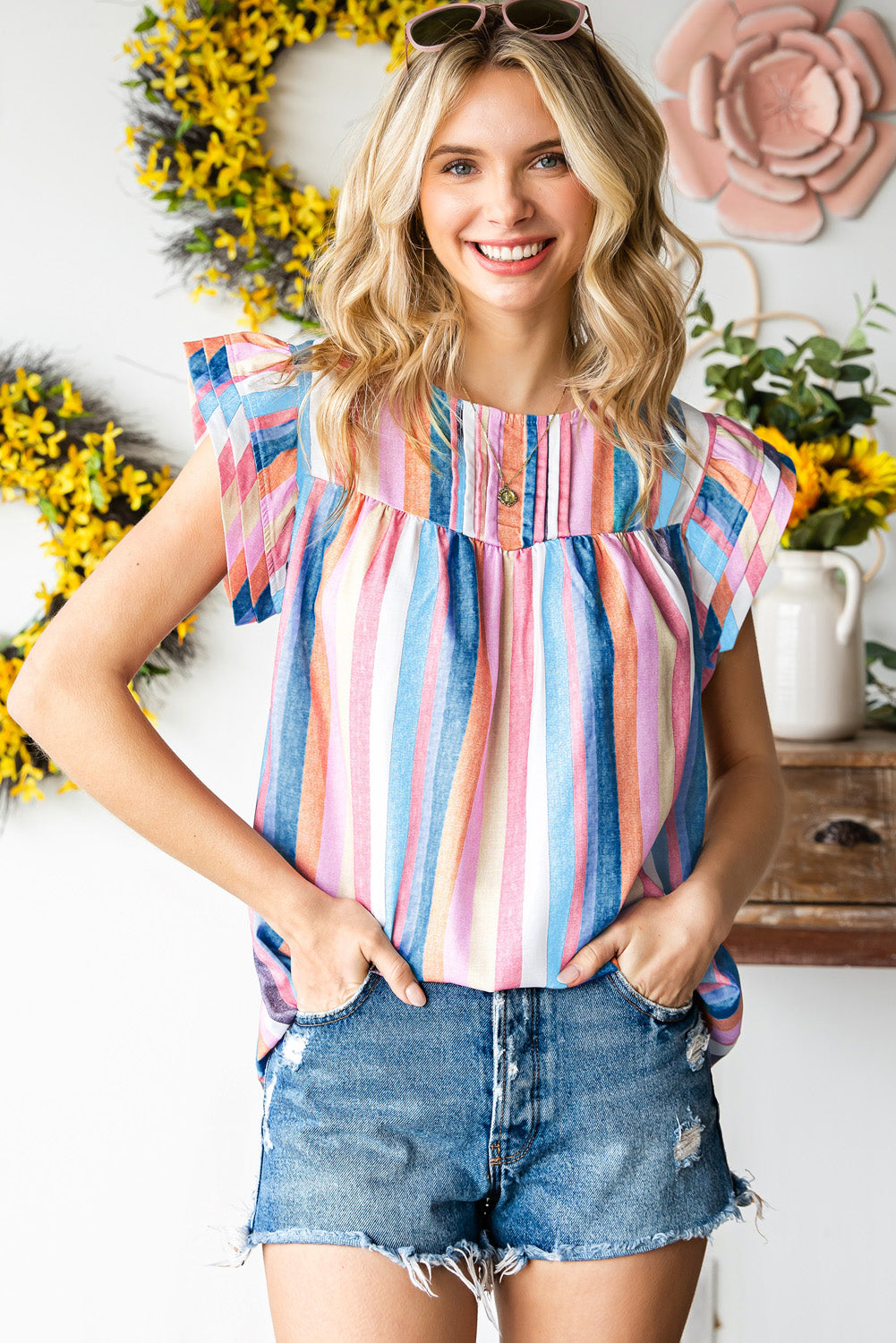 Multicolored Stripe Flutter Sleeve Blouse – Trendsi | ClozArt