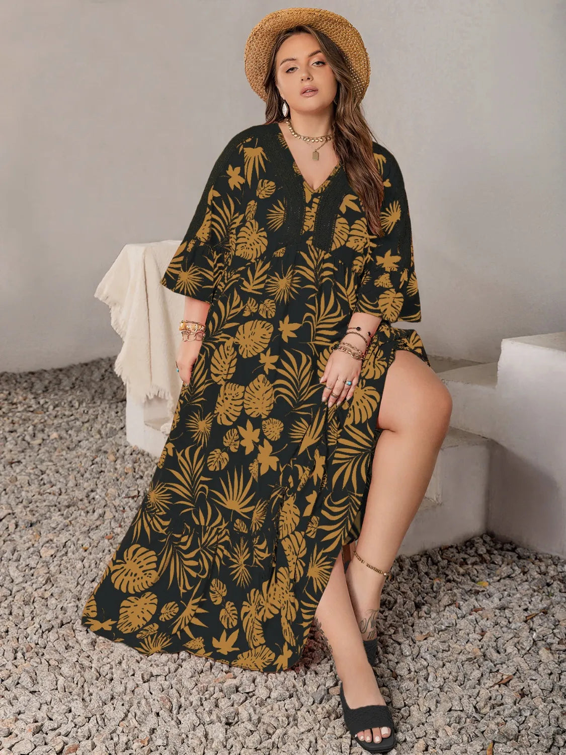 Plus Size Lace Detail Tropical Print Three-Quarter Sleeve Maxi Dress – Trendsi | ClozArt