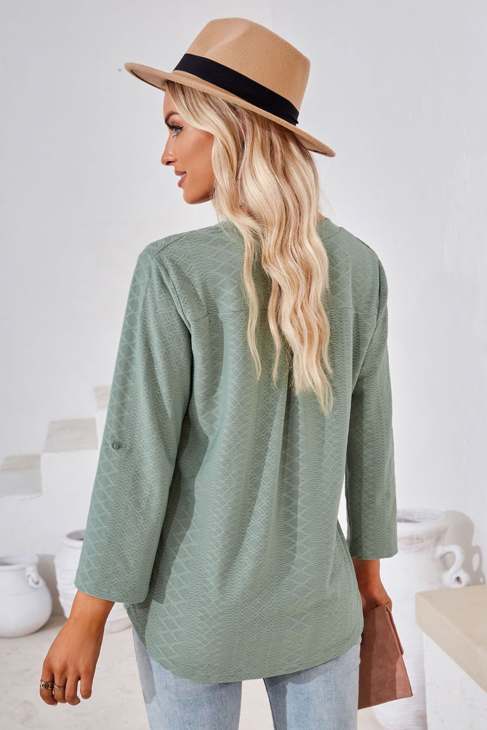 V-Neck Roll-Tap Sleeve Blouse – Trendsi | ClozArt