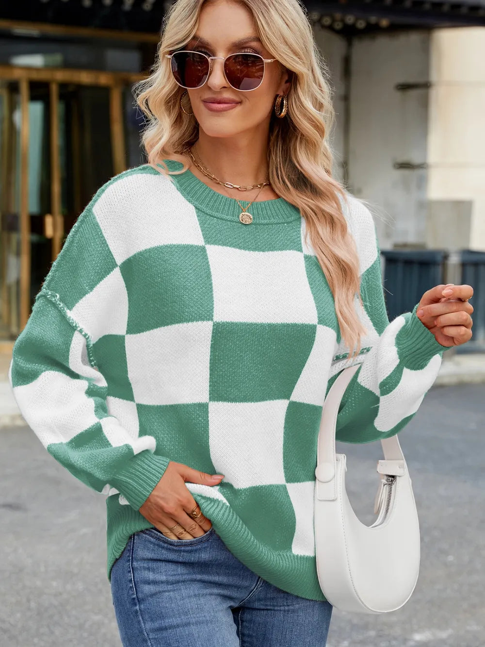 Checkered Round Neck Long Sleeve Sweater – Trendsi | ClozArt