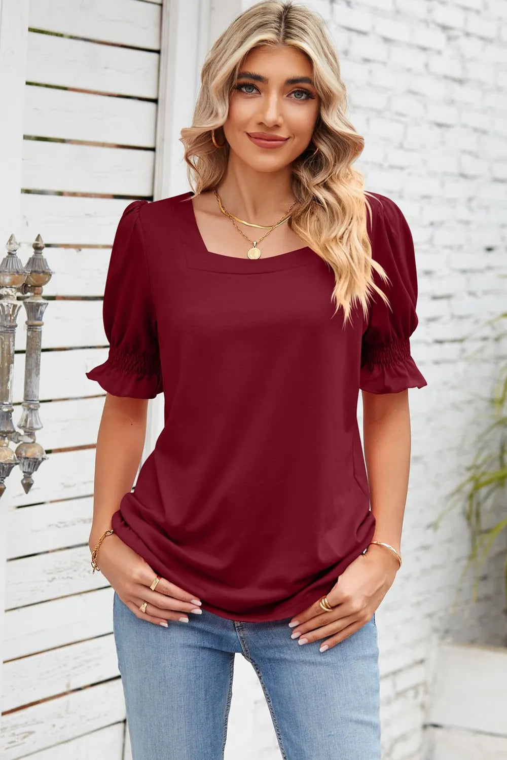 Smocked Square Neck Short Sleeve T-Shirt – Trendsi | ClozArt