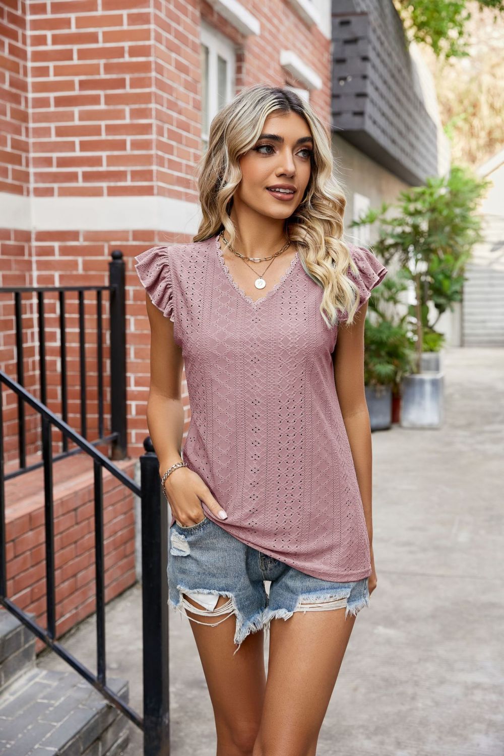 Eyelet Flutter Sleeve Scalloped V-Neck Top – Trendsi | ClozArt