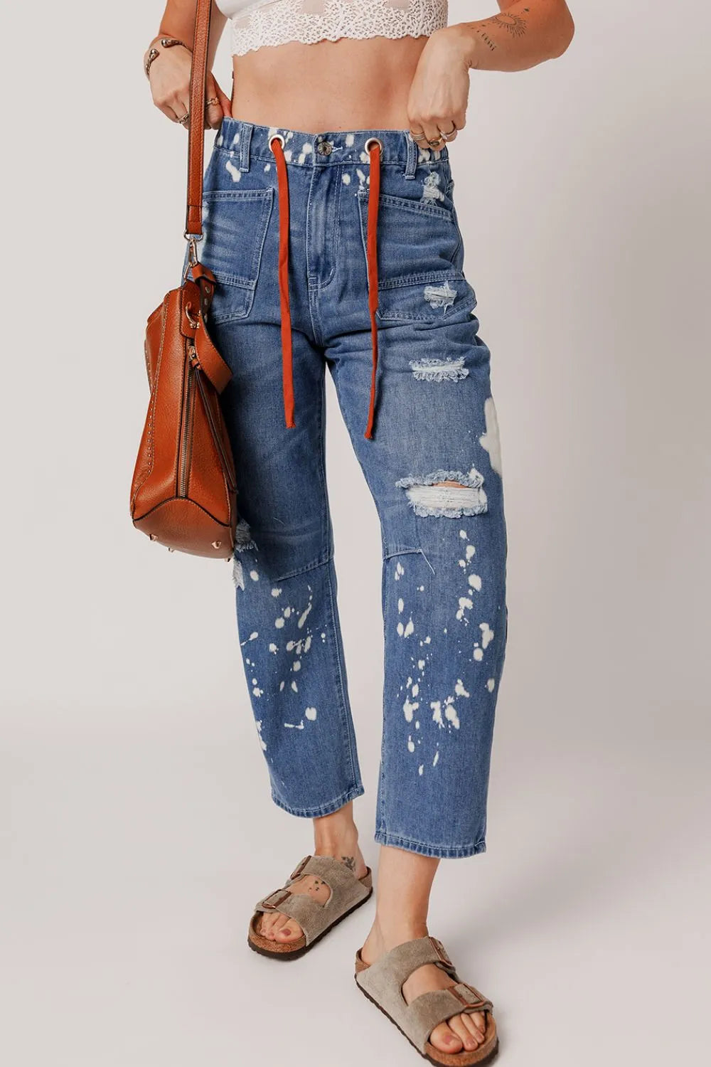 Distressed Splattering Paint Rope Waist Cropped Straight Jeans – Trendsi | ClozArt