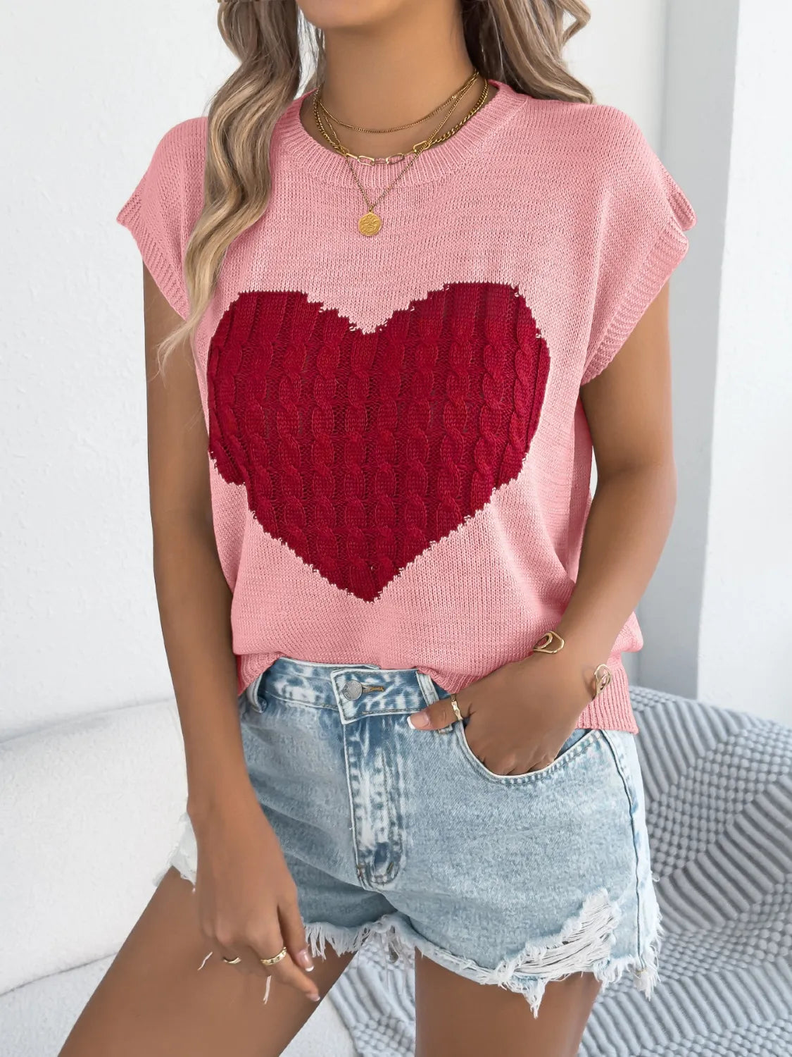 Cable Knit Heart Round Neck Cap Sleeve Knit Top – Trendsi | ClozArt