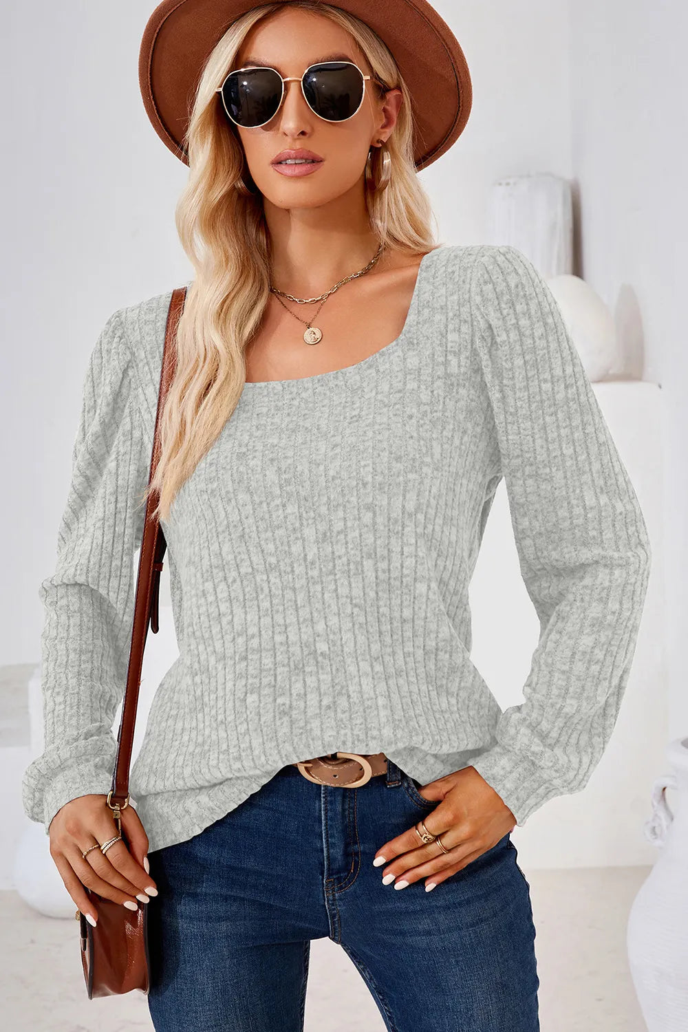 Ribbed Square Neck Long Sleeve T-Shirt – Trendsi | ClozArt