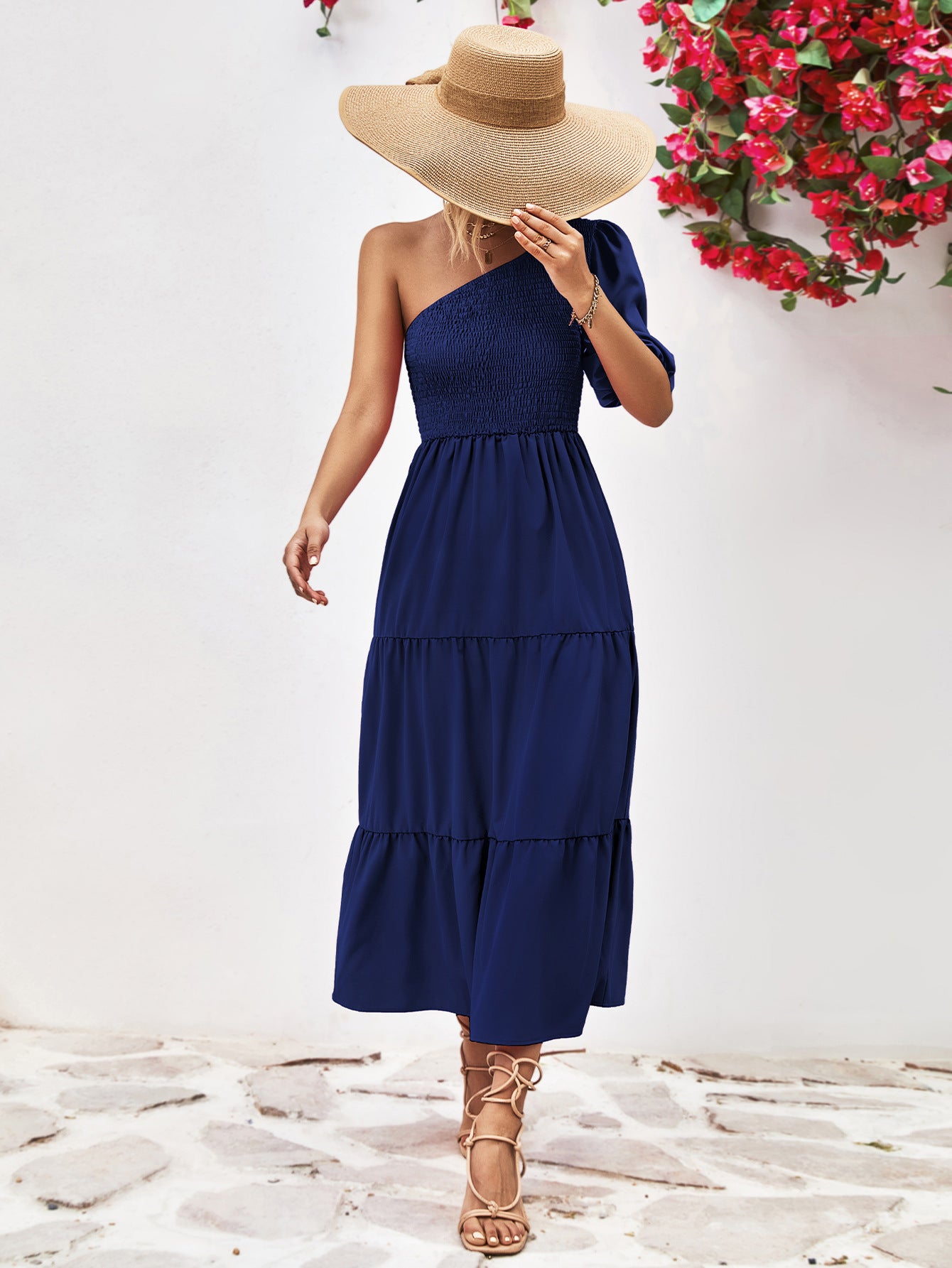 Smocked One-Shoulder Midi Dress – Trendsi | ClozArt