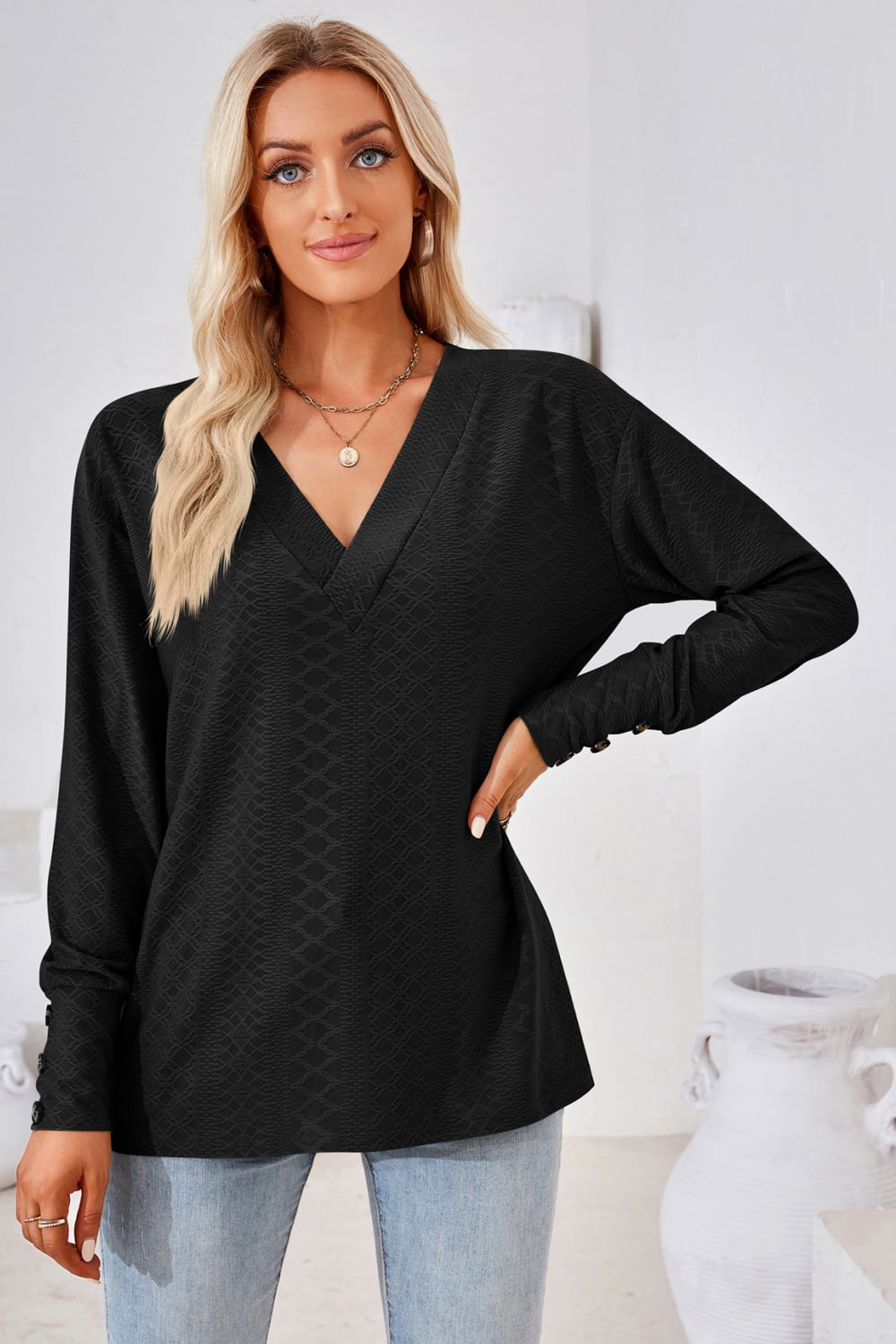 V-Neck Long Sleeve Blouse – Trendsi | ClozArt