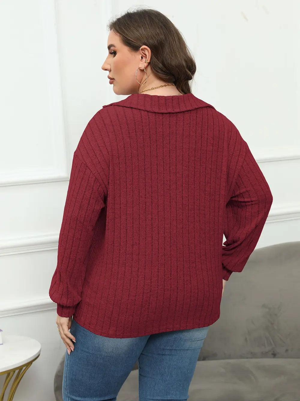 Plus Size Ribbed Collared Neck Long Sleeve Blouse – Trendsi | ClozArt