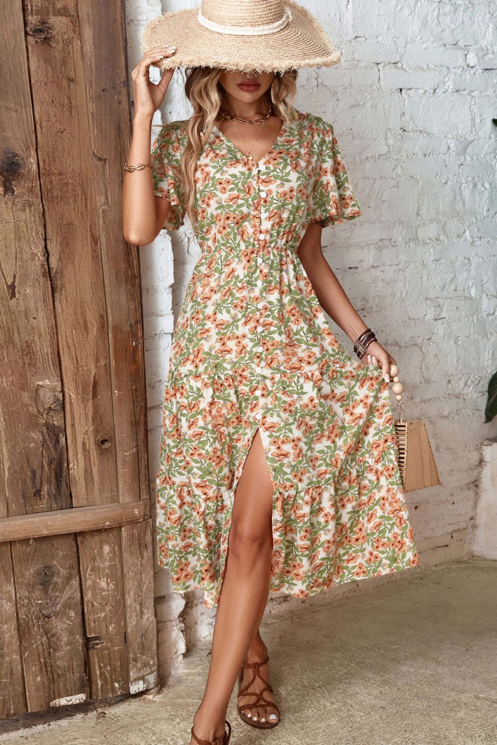 Perfee Floral V-Neck Front Slit Dress – Trendsi | ClozArt