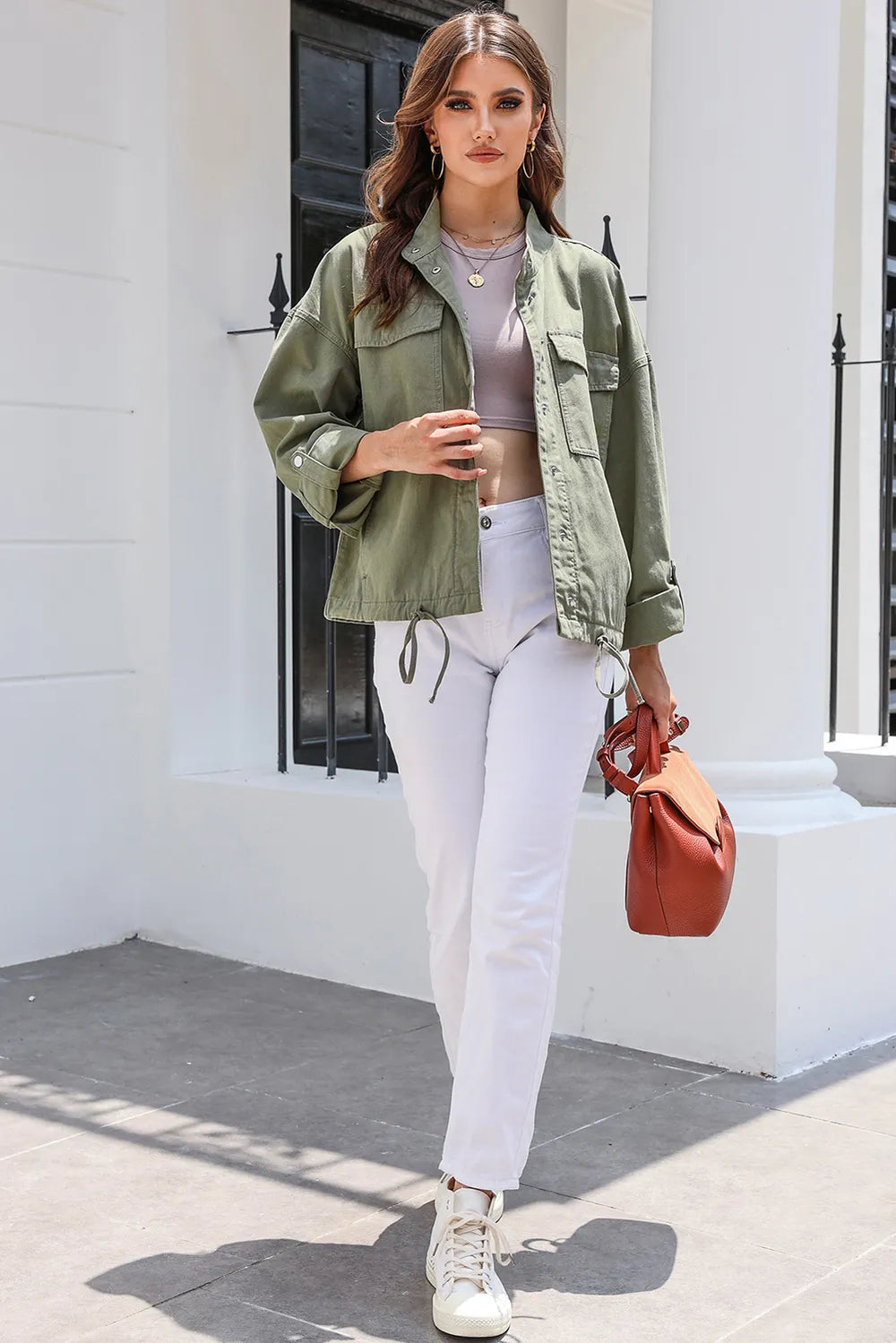 Drawstring Snap Down Dropped Shoulder Denim Jacket – Trendsi | ClozArt