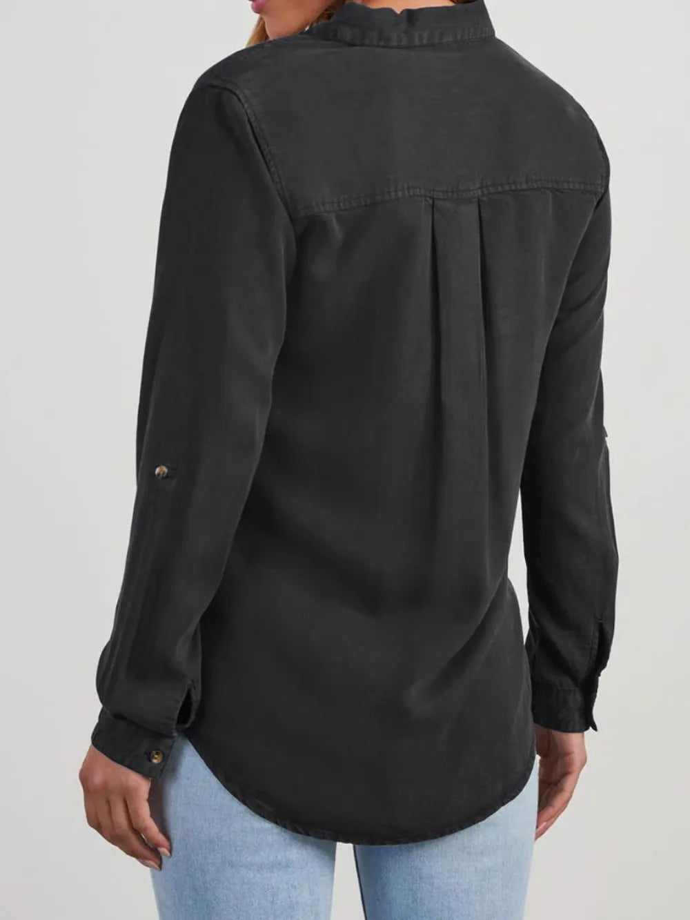 Collared Neck Roll-Tab Sleeve Denim Top – Trendsi | ClozArt
